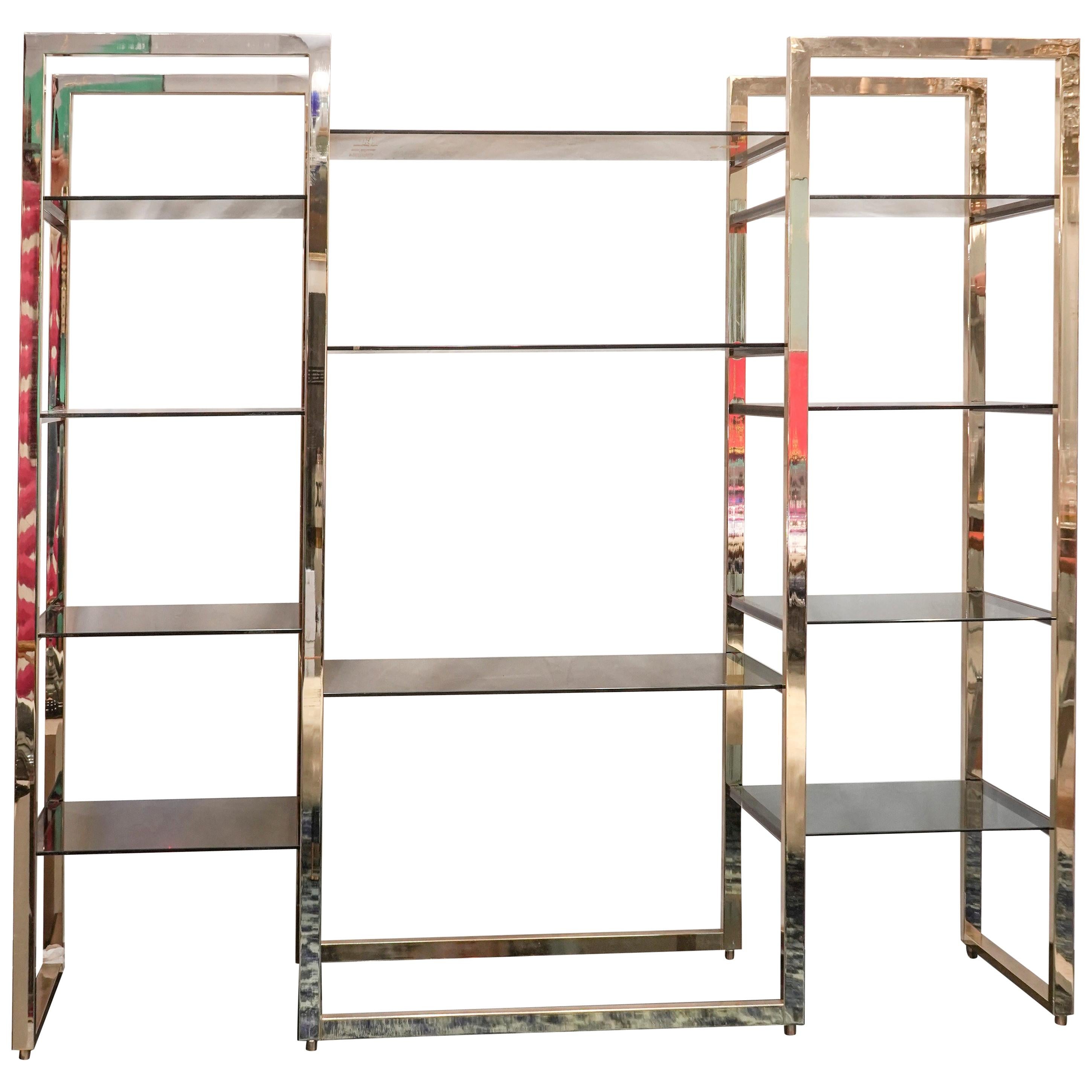 Midcentury Willy Rizzo Black Smoked  Glass and Gold-Plated Steel Shelf