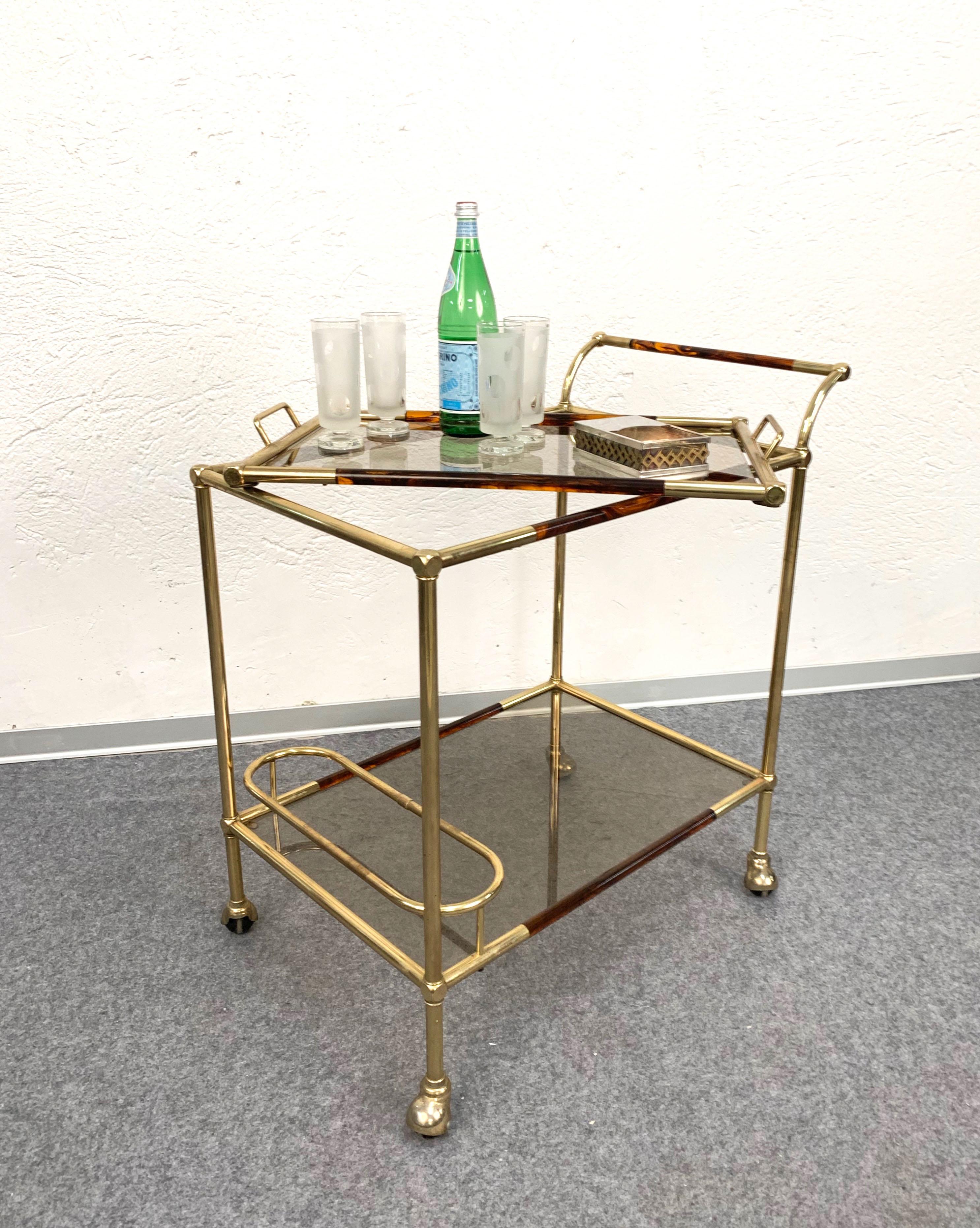 Midcentury Willy Rizzo Brass and Lucite Italian Trolley with Service Tray, 1980s 7