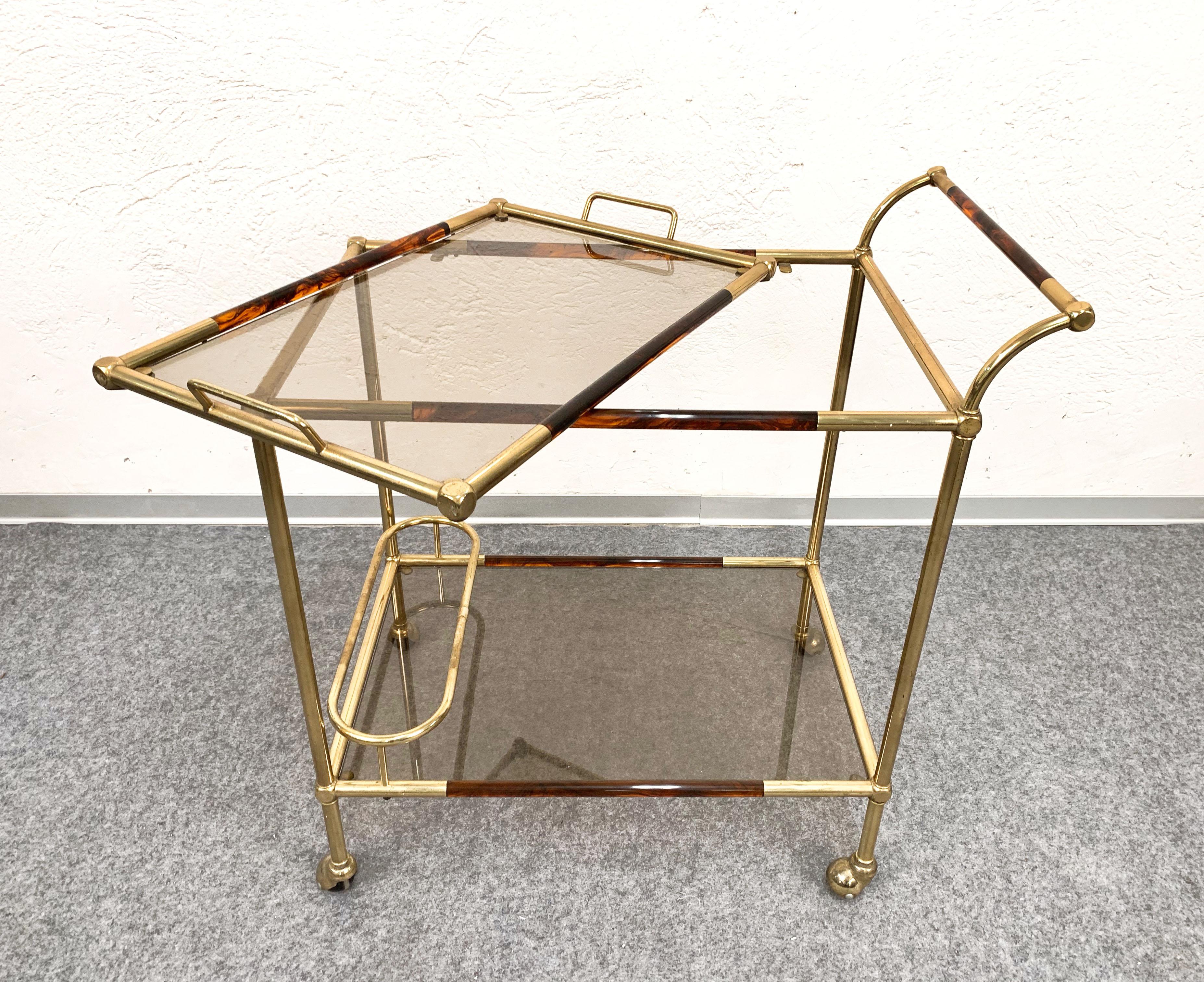 Midcentury Willy Rizzo Brass and Lucite Italian Trolley with Service Tray, 1980s 1
