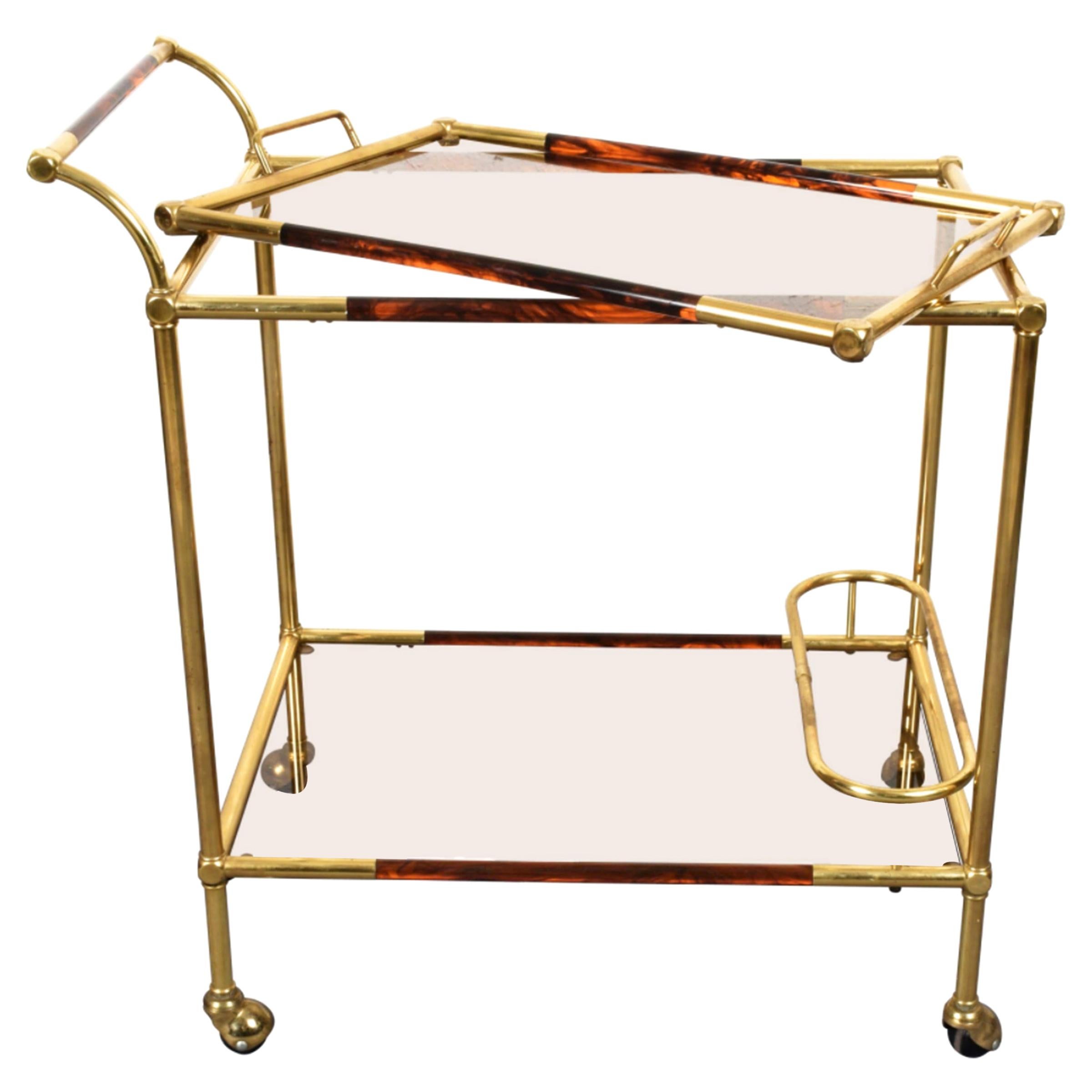 Midcentury Willy Rizzo Brass and Lucite Italian Trolley with Service Tray, 1980s