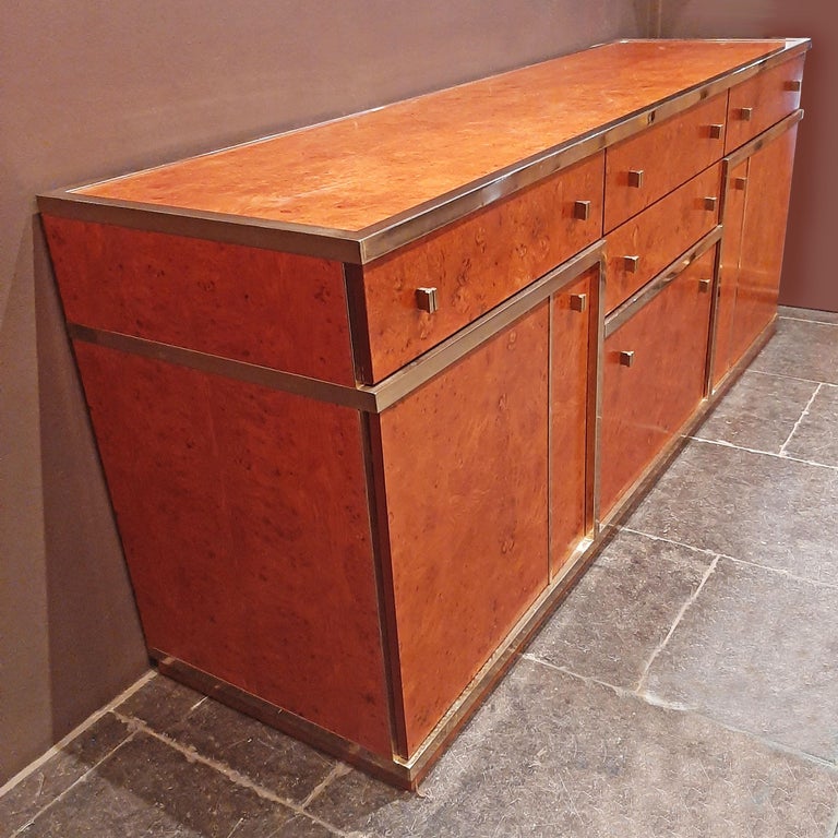 Mid-Century Modern Midcentury Willy Rizzo Burl Wood and Chrome Credenza, Italy, 1970s For Sale