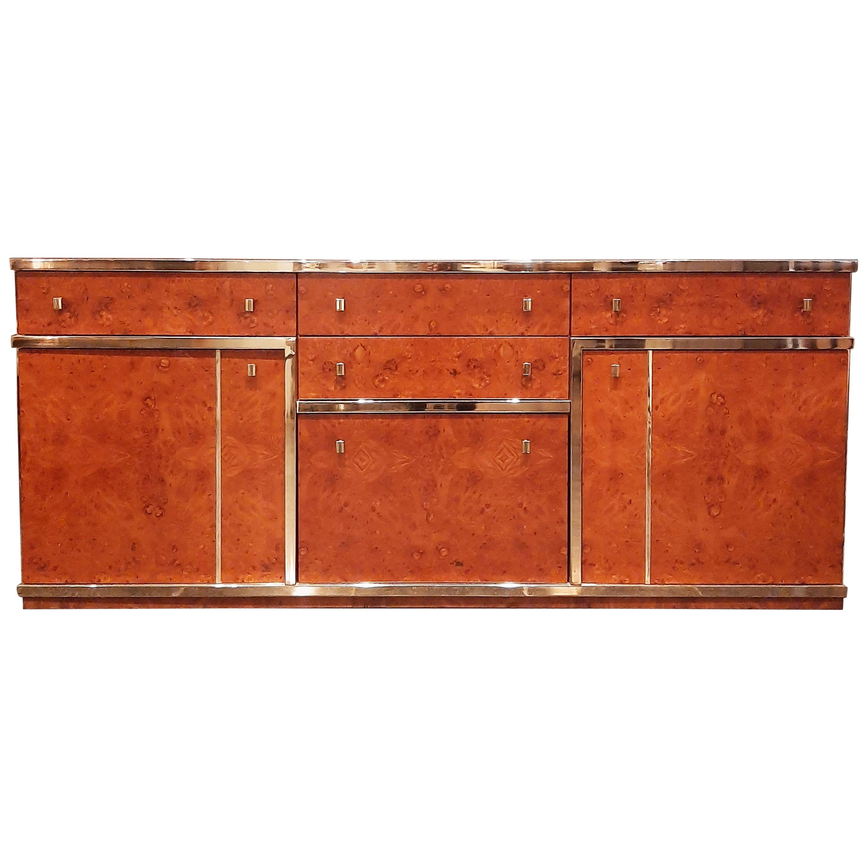 Midcentury Willy Rizzo Burl Wood and Chrome Credenza, Italy, 1970s