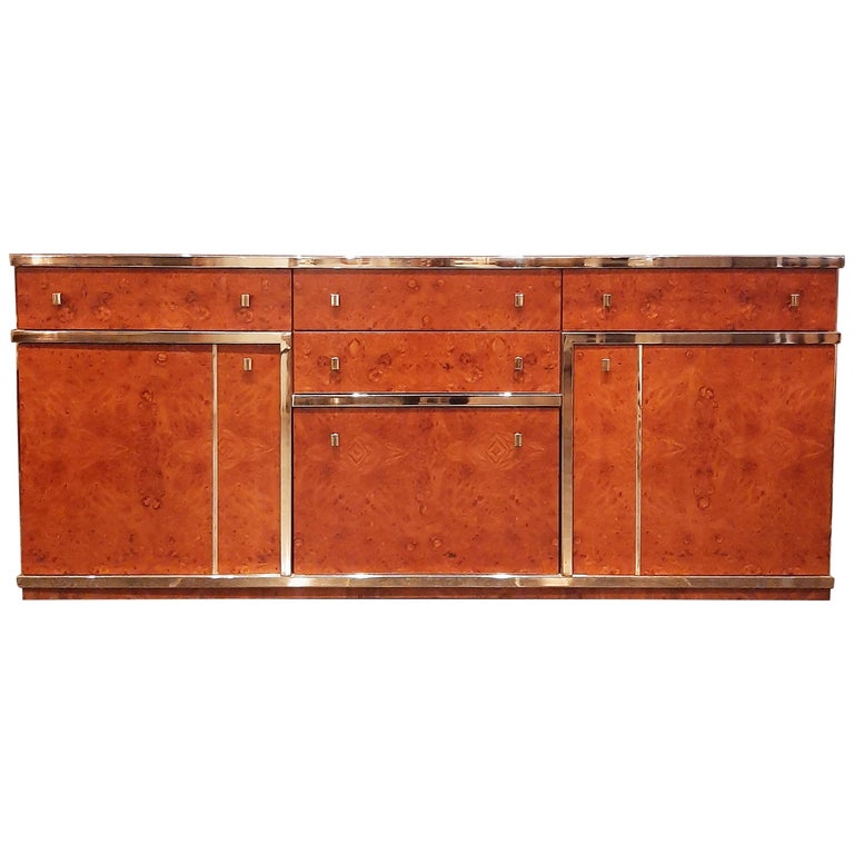 Midcentury Willy Rizzo Burl Wood and Chrome Credenza, Italy, 1970s For Sale