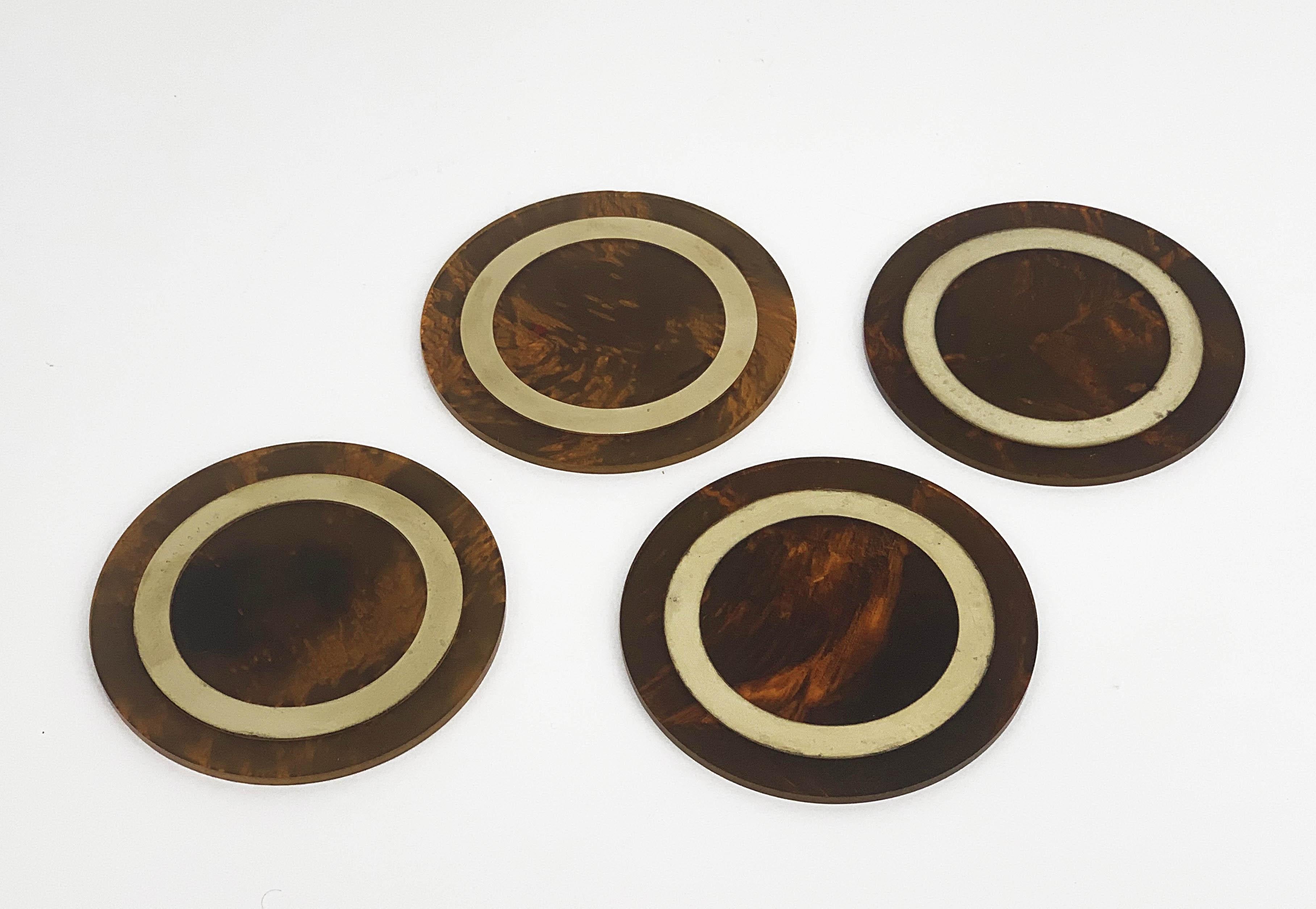 Mid-Century Modern Midcentury Willy Rizzo Coasters Plexiglass and Brass, Italy, 1970s