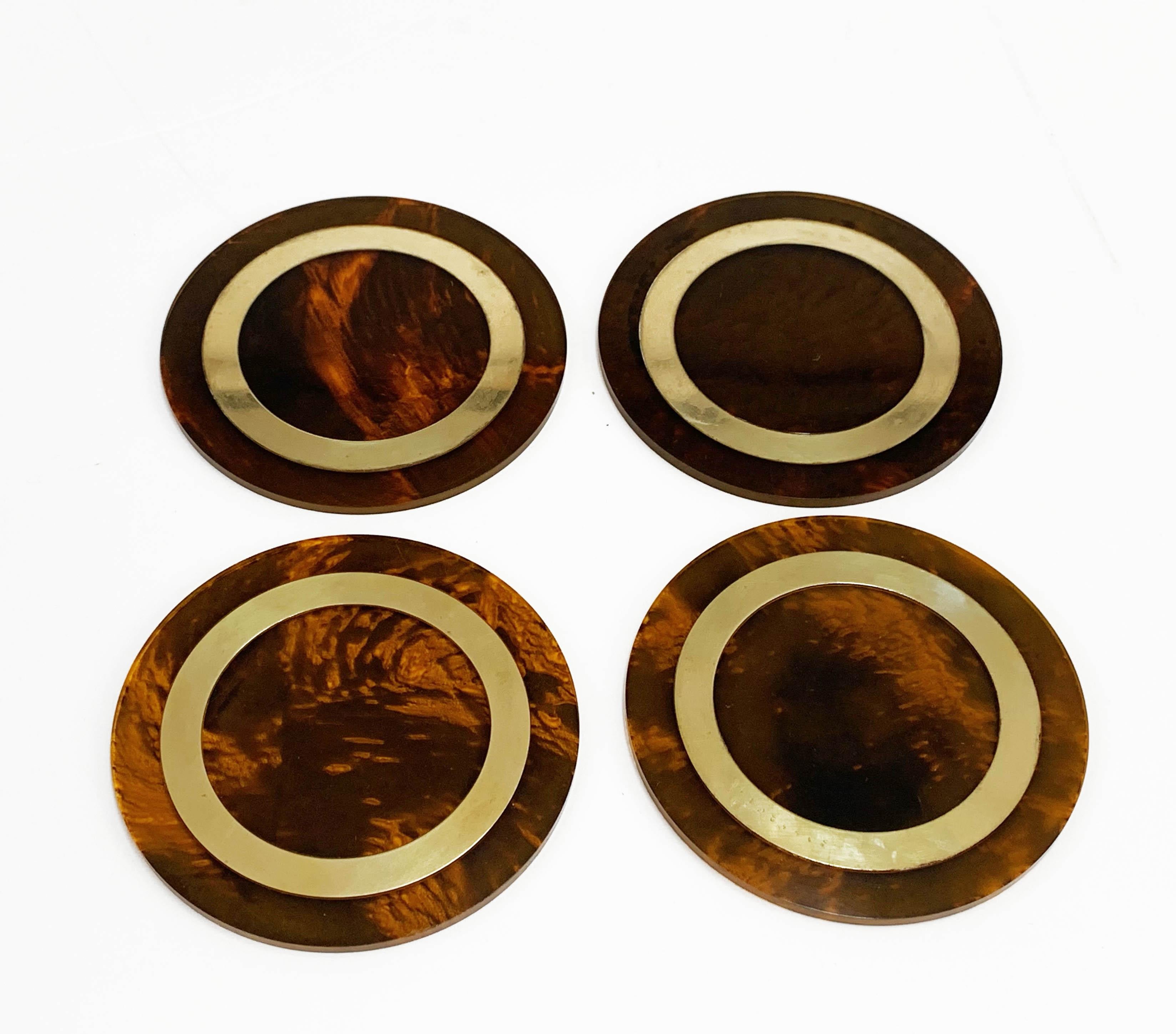 Midcentury Willy Rizzo Coasters Plexiglass and Brass, Italy, 1970s 1