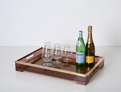 Midcentury Willy Rizzo Pink Lucite and Brass Italian Serving Tray, 1970s