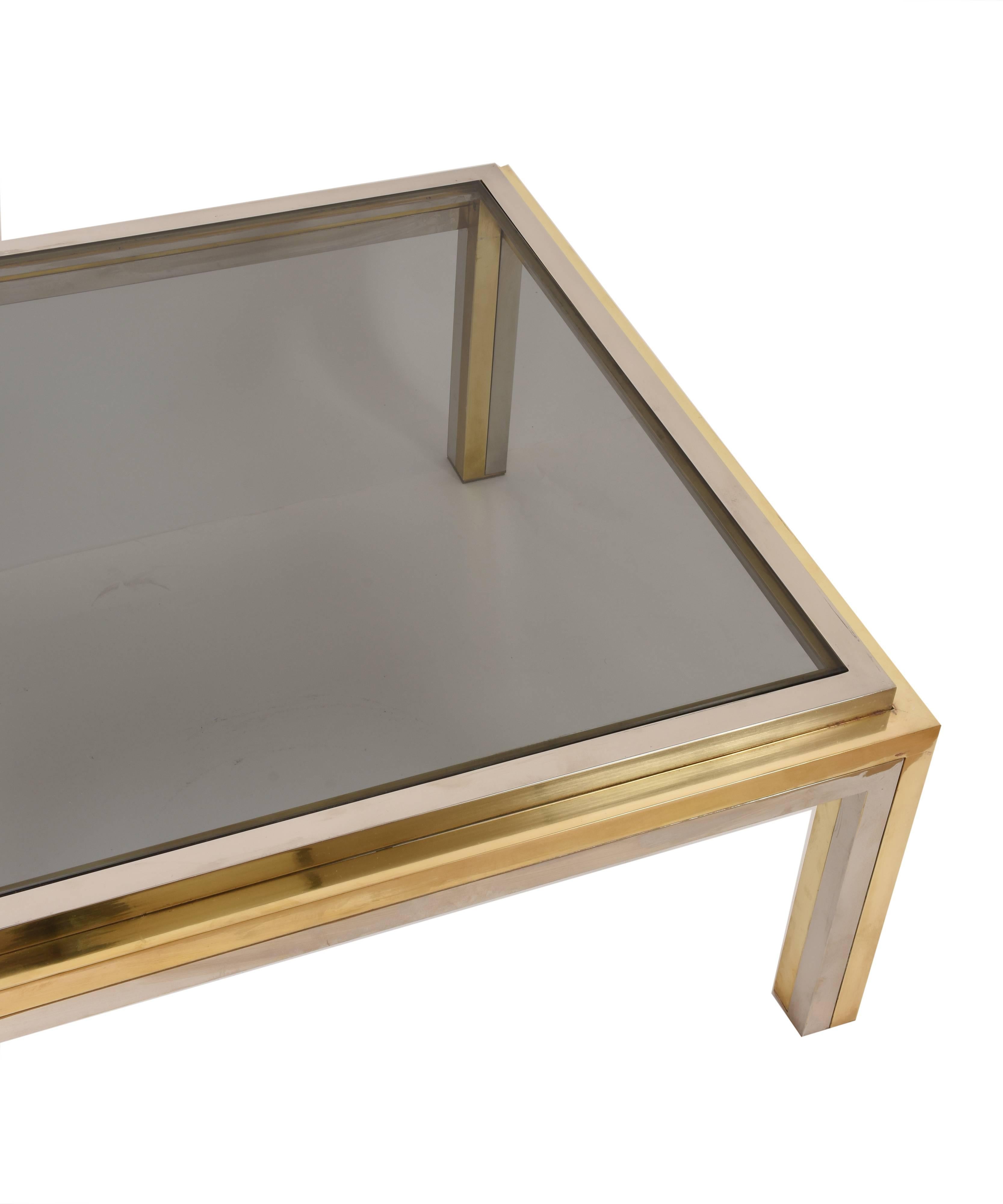 Midcentury Willy Rizzo Square Brass and Smoked Glass Italian Coffee Table, 1970s In Good Condition In Roma, IT