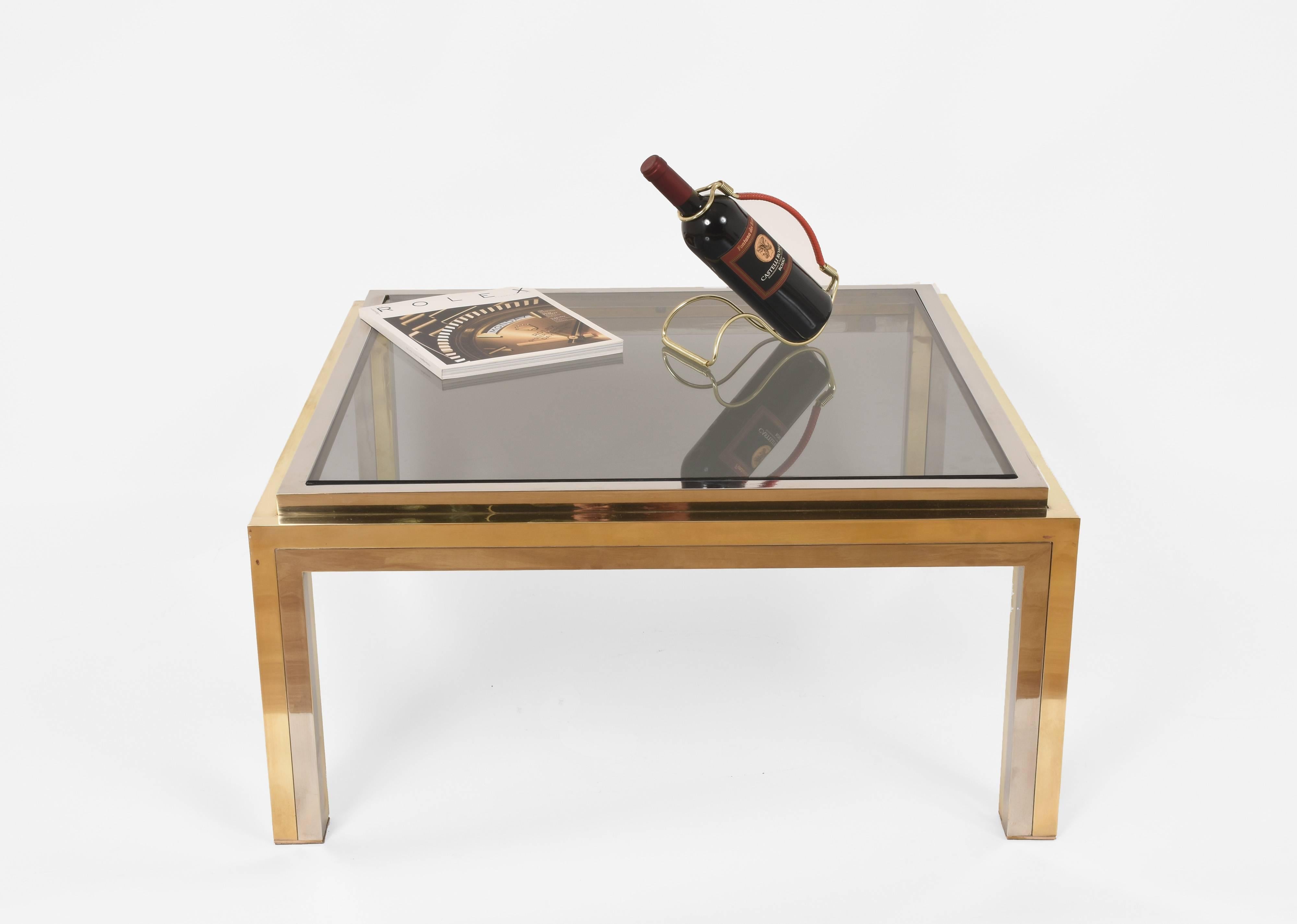 Midcentury Willy Rizzo Square Brass and Smoked Glass Italian Coffee Table, 1970s 3