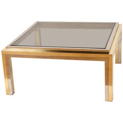 Midcentury Willy Rizzo Square Brass and Smoked Glass Italian Coffee Table, 1970s