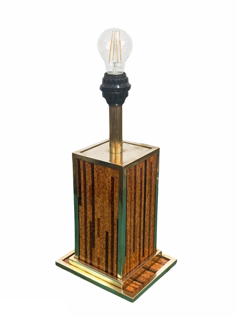 Midcentury Willy Rizzo Style Brass and Cork Table Lamp, 1970s For Sale 3