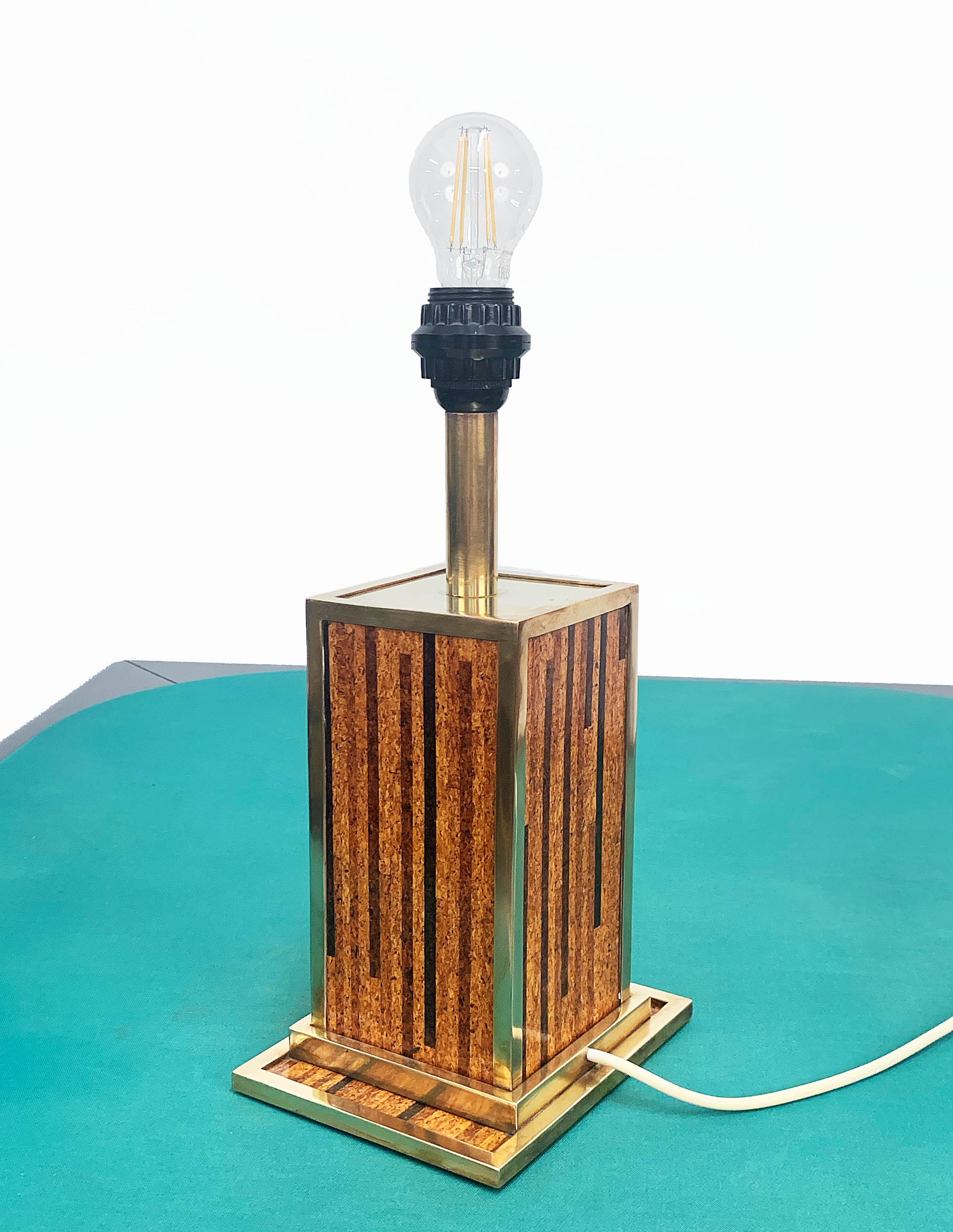 Mid-Century Modern Midcentury Willy Rizzo Style Brass and Cork Table Lamp, 1970s