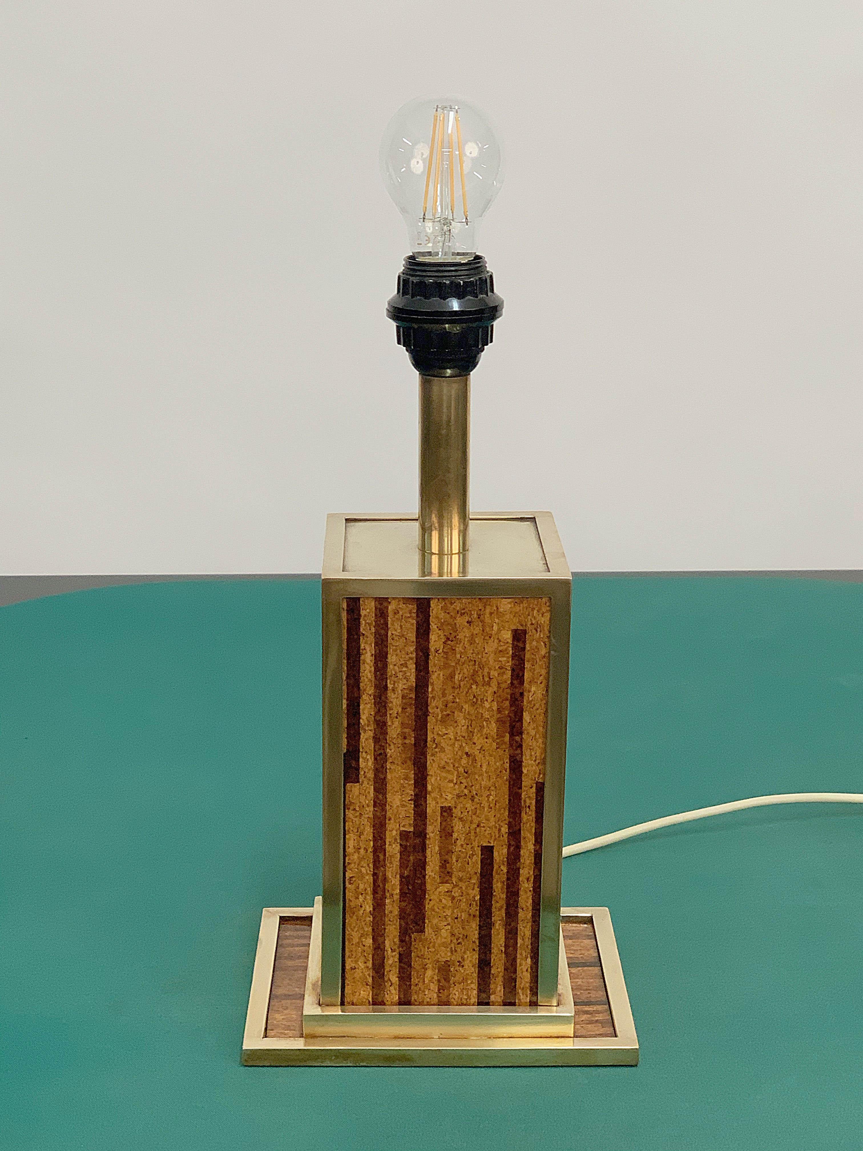 Enameled Midcentury Willy Rizzo Style Brass and Cork Table Lamp, 1970s