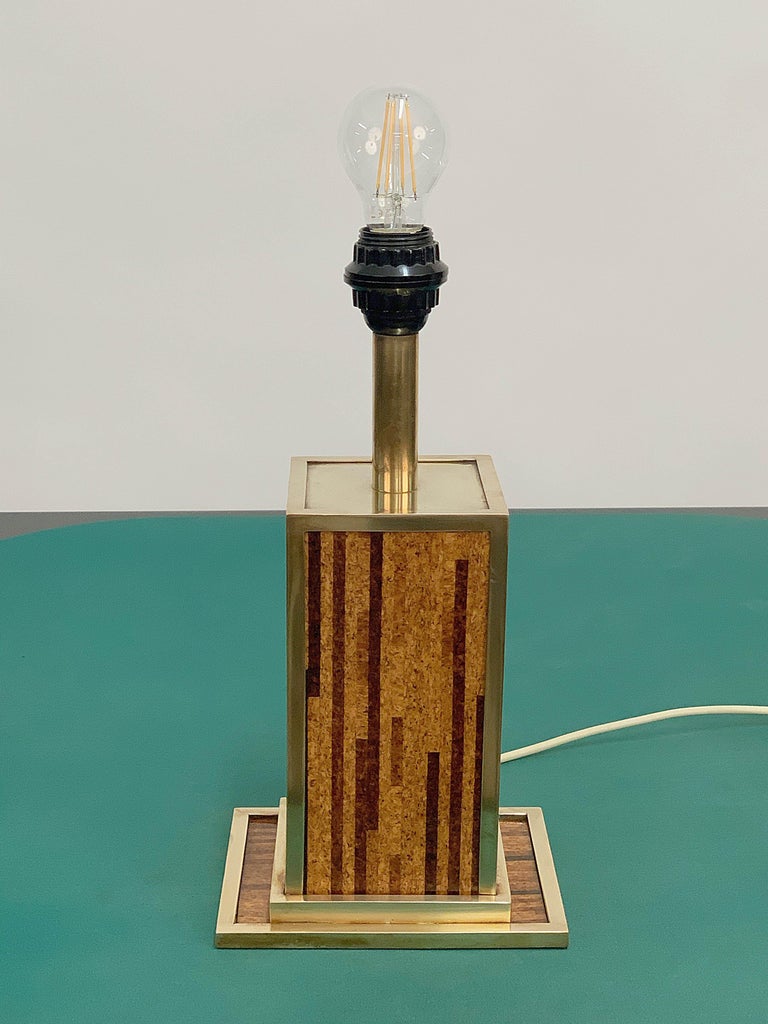 Enameled Midcentury Willy Rizzo Style Brass and Cork Table Lamp, 1970s For Sale