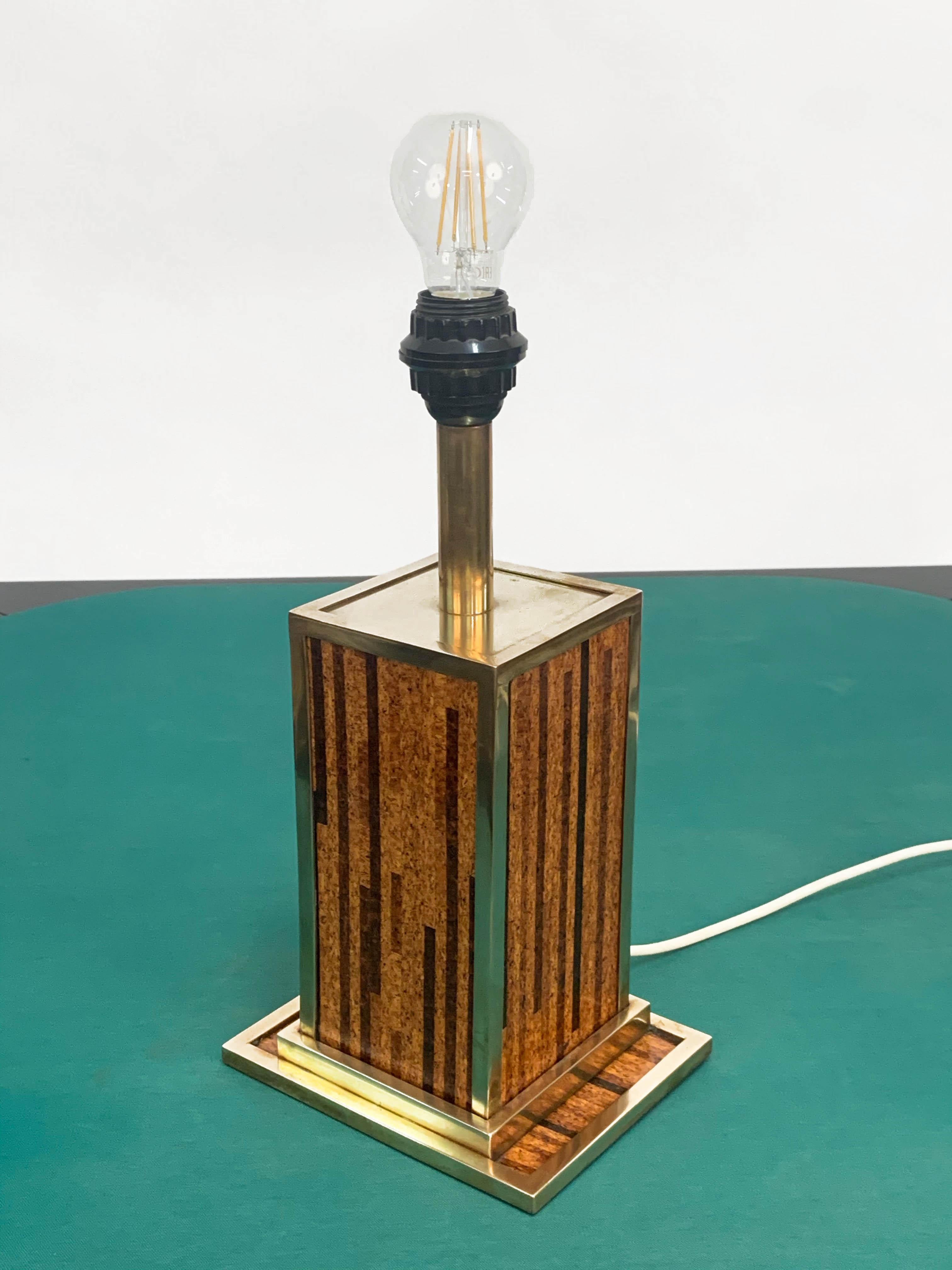 Metal Midcentury Willy Rizzo Style Brass and Cork Table Lamp, 1970s