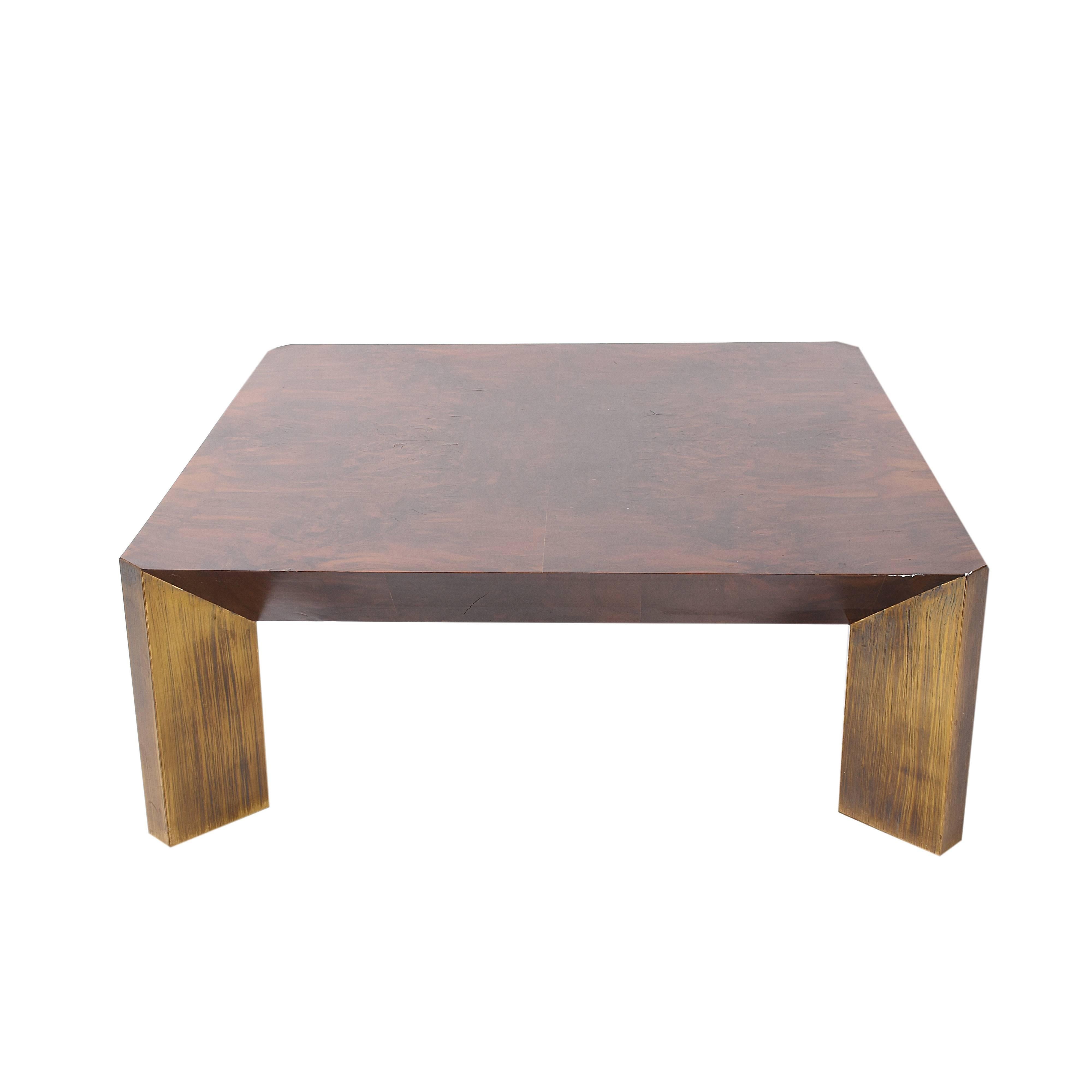 Mid-Century Modern Midcentury Willy Rizzo Style Walnut and Brass Italian Coffee Table, 1970s