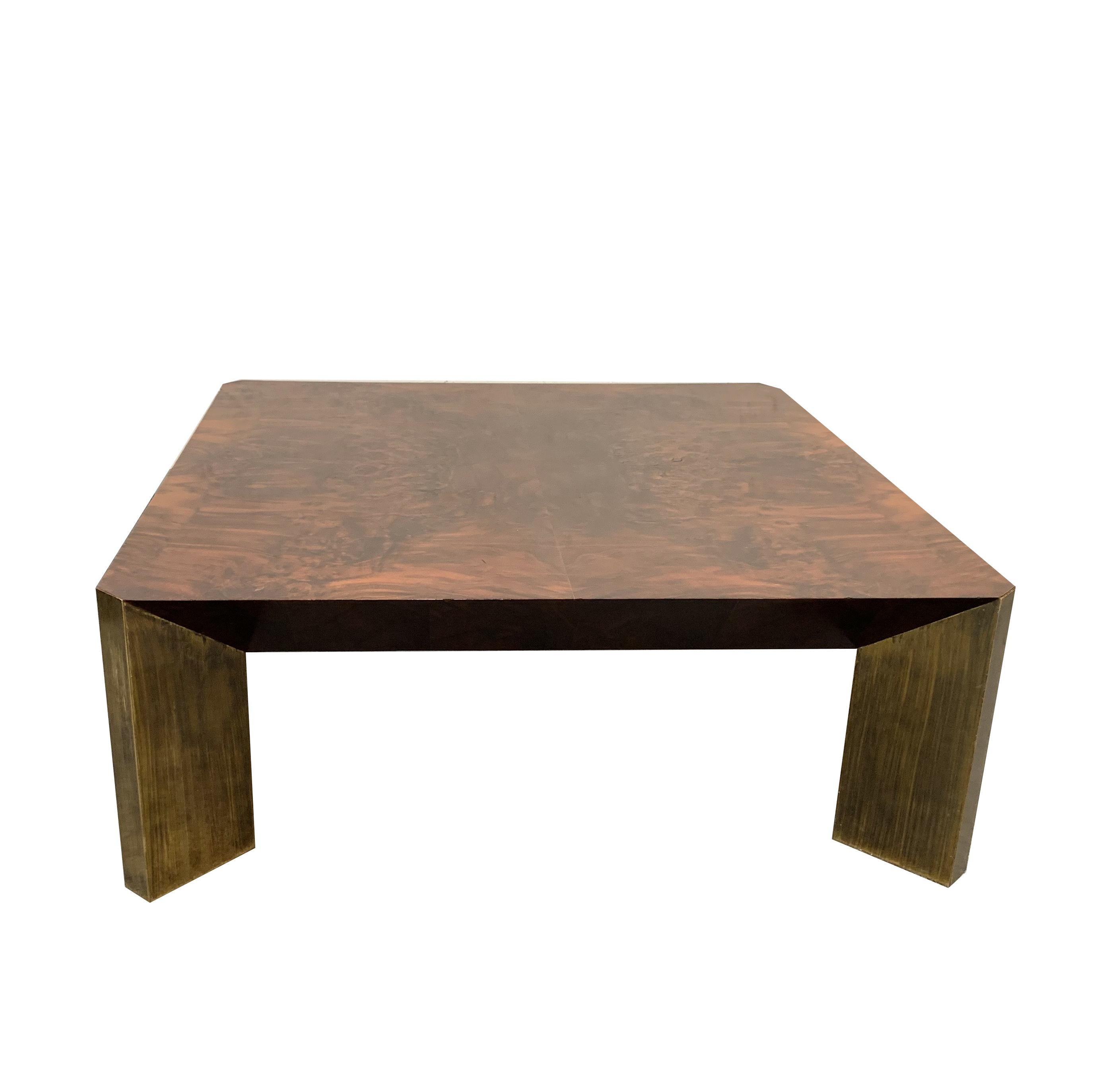 20th Century Midcentury Willy Rizzo Style Walnut and Brass Italian Coffee Table, 1970s