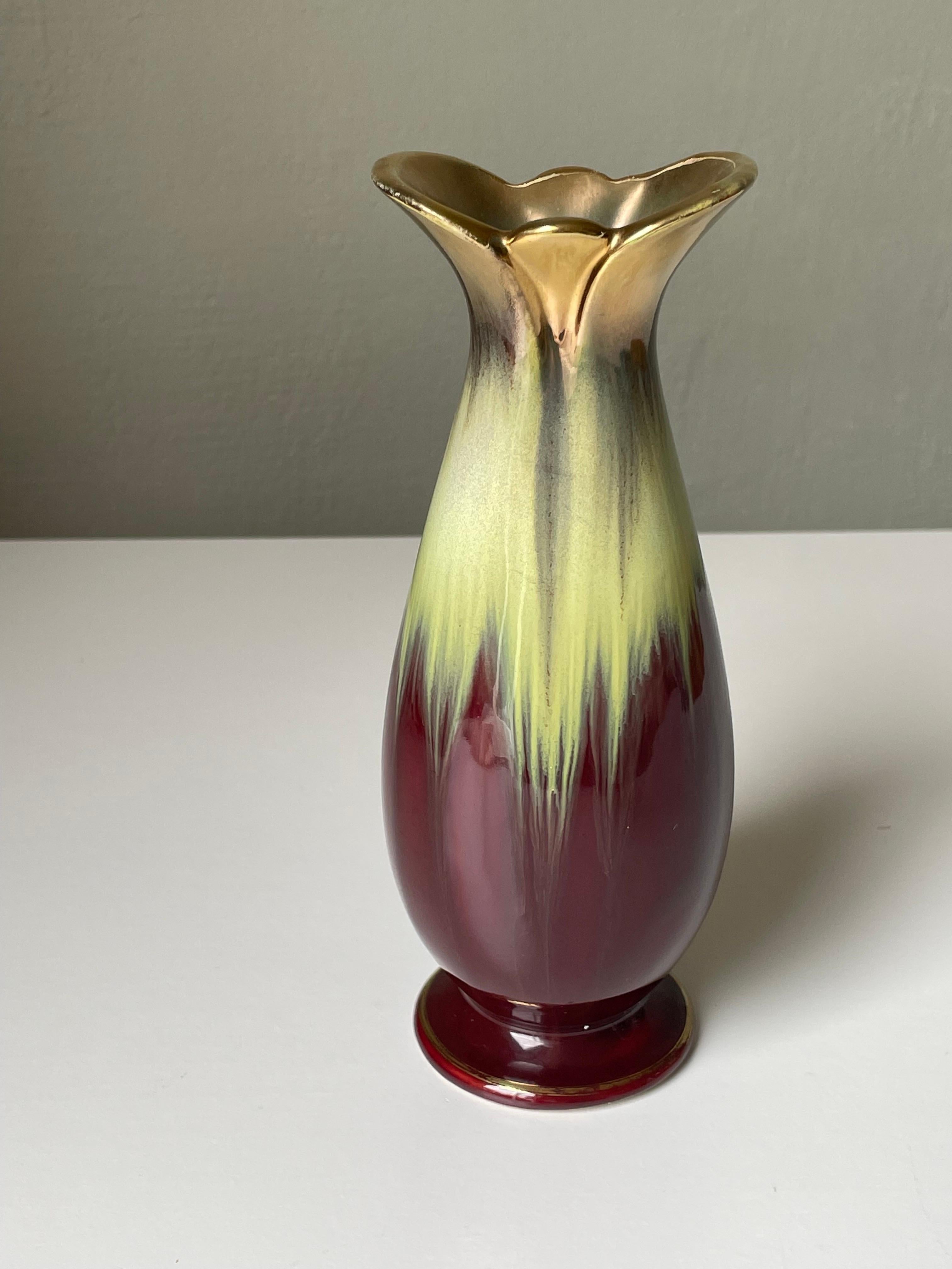 Mid-Century Modern Bay Keramik Wine Red Gold Decorative Vase, 1960s For Sale