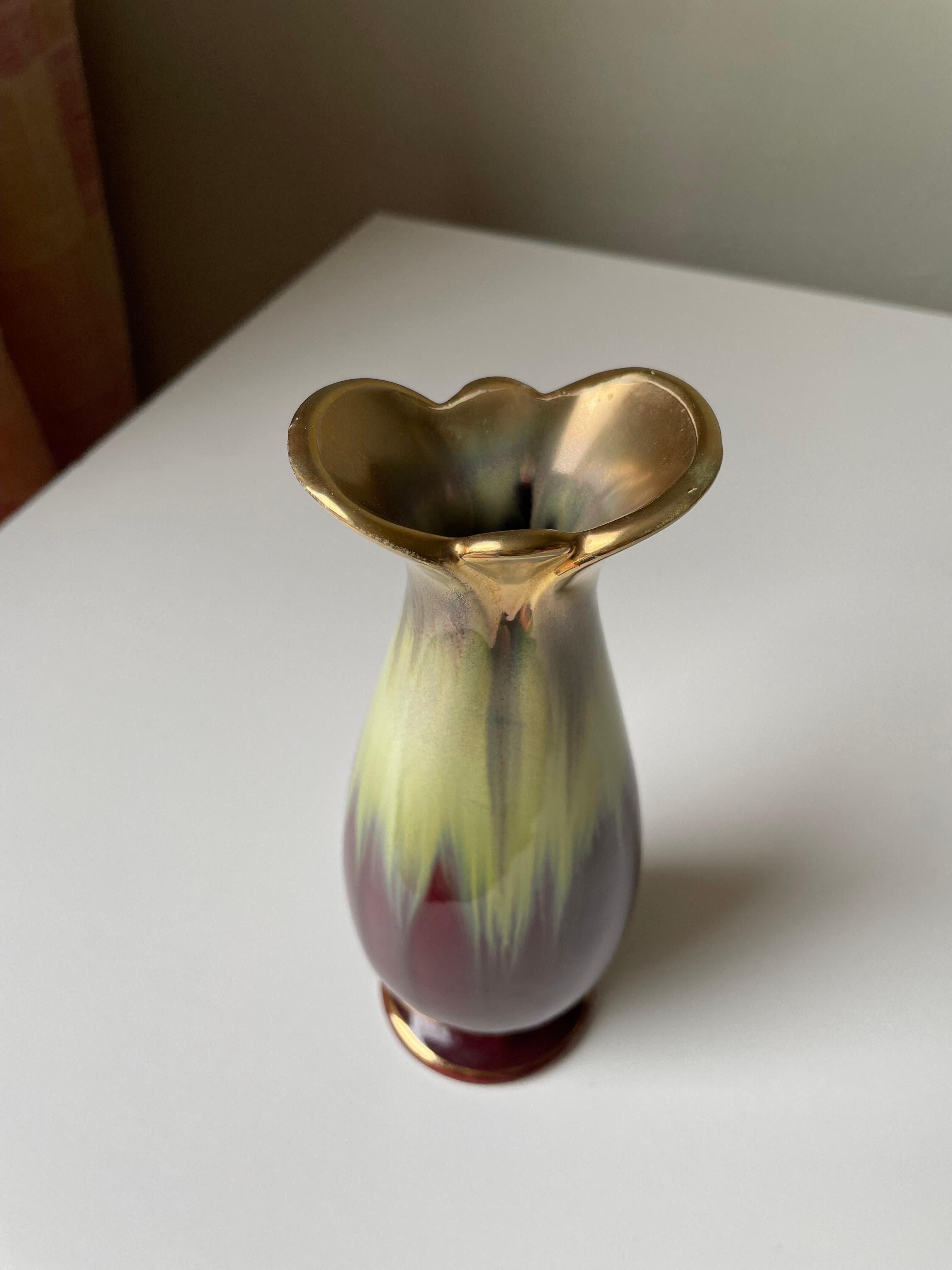 Glazed Bay Keramik Wine Red Gold Decorative Vase, 1960s For Sale