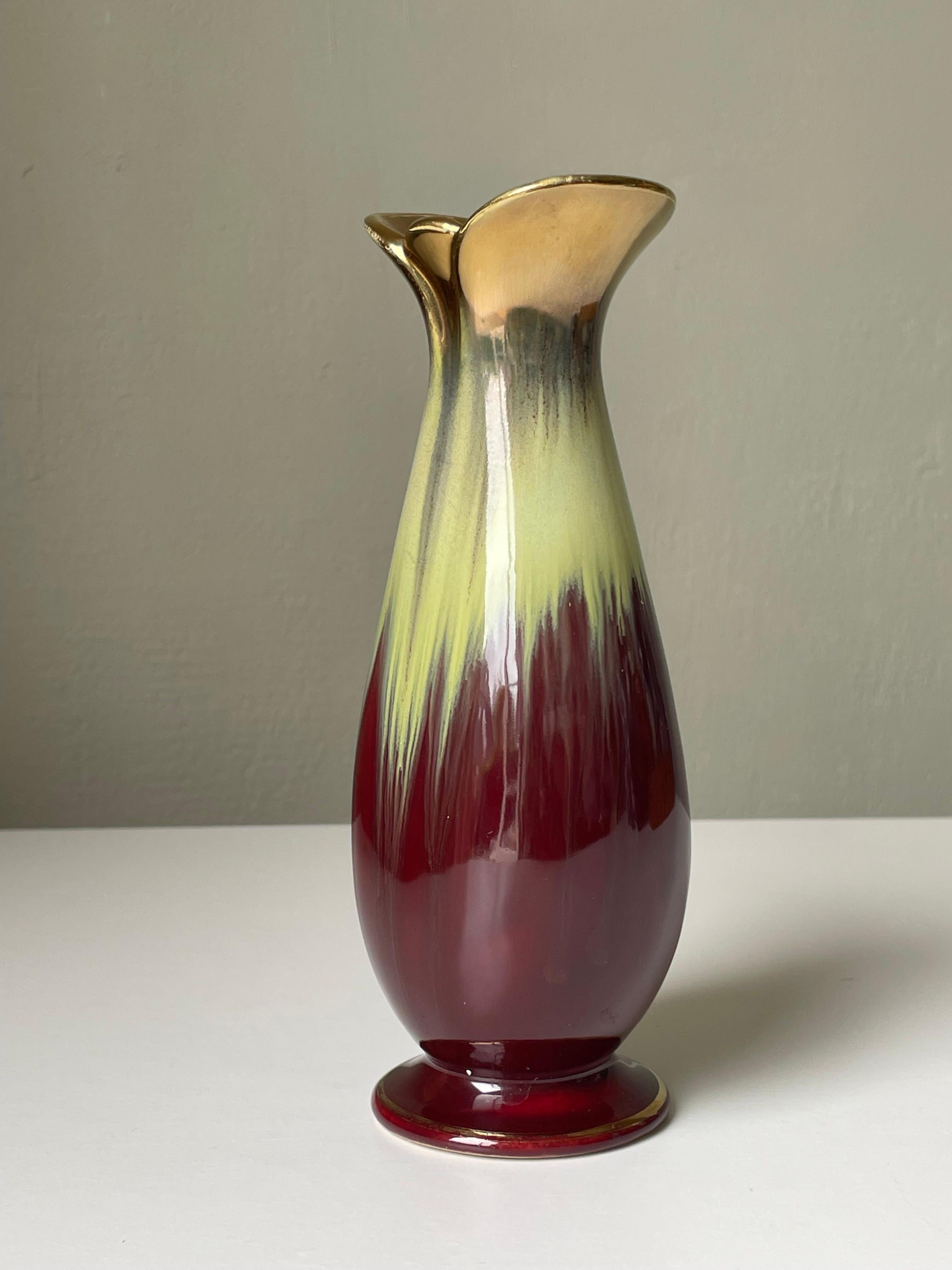 Ceramic Bay Keramik Wine Red Gold Decorative Vase, 1960s For Sale