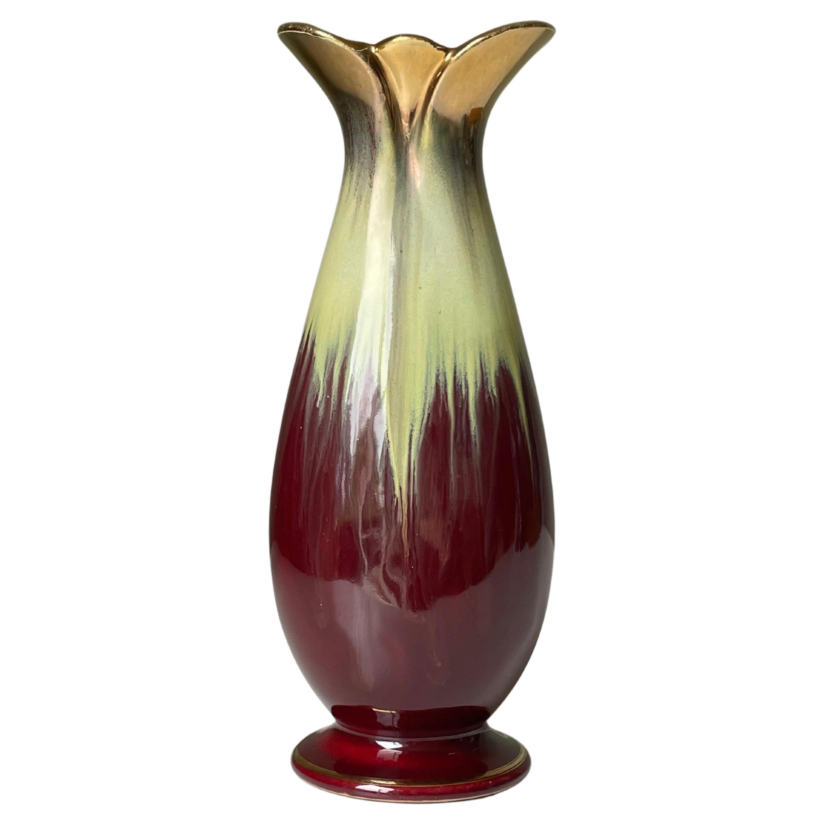 Bay Keramik Wine Red Gold Decorative Vase, 1960s For Sale