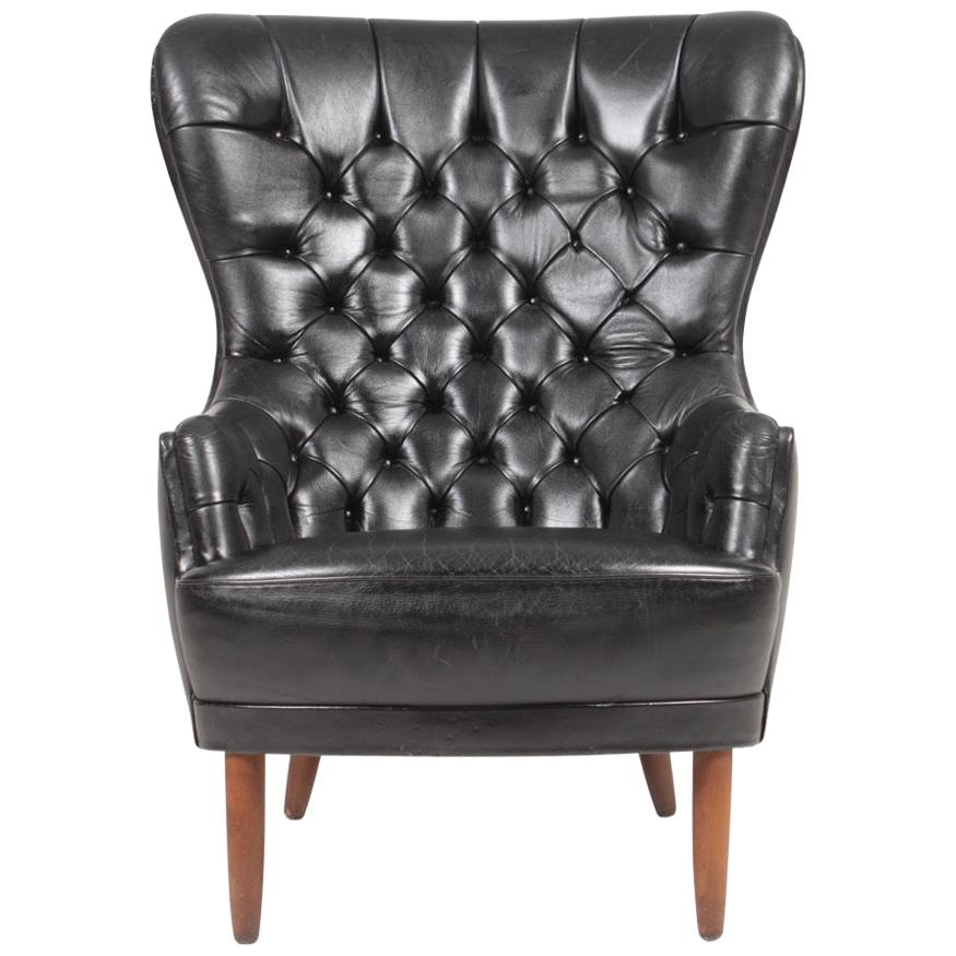 Midcentury Wing Back Chair in Patinated Leather, Denmark, 1960s For Sale