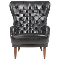 Midcentury Wing Back Chair in Patinated Leather, Denmark, 1960s