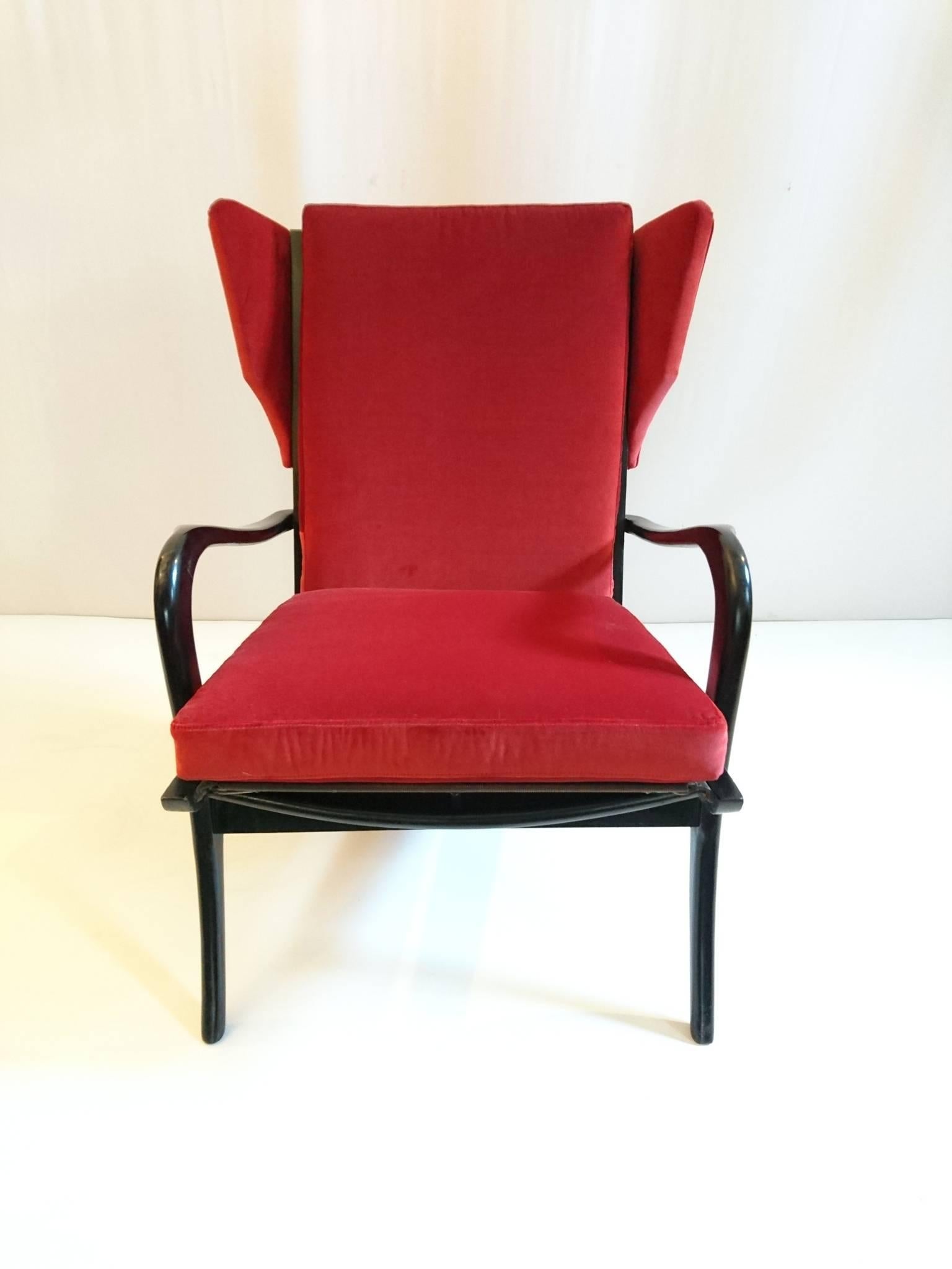 Mid-Century Modern Midcentury Wingback Armchair in Red Velvet and Blackened Wood