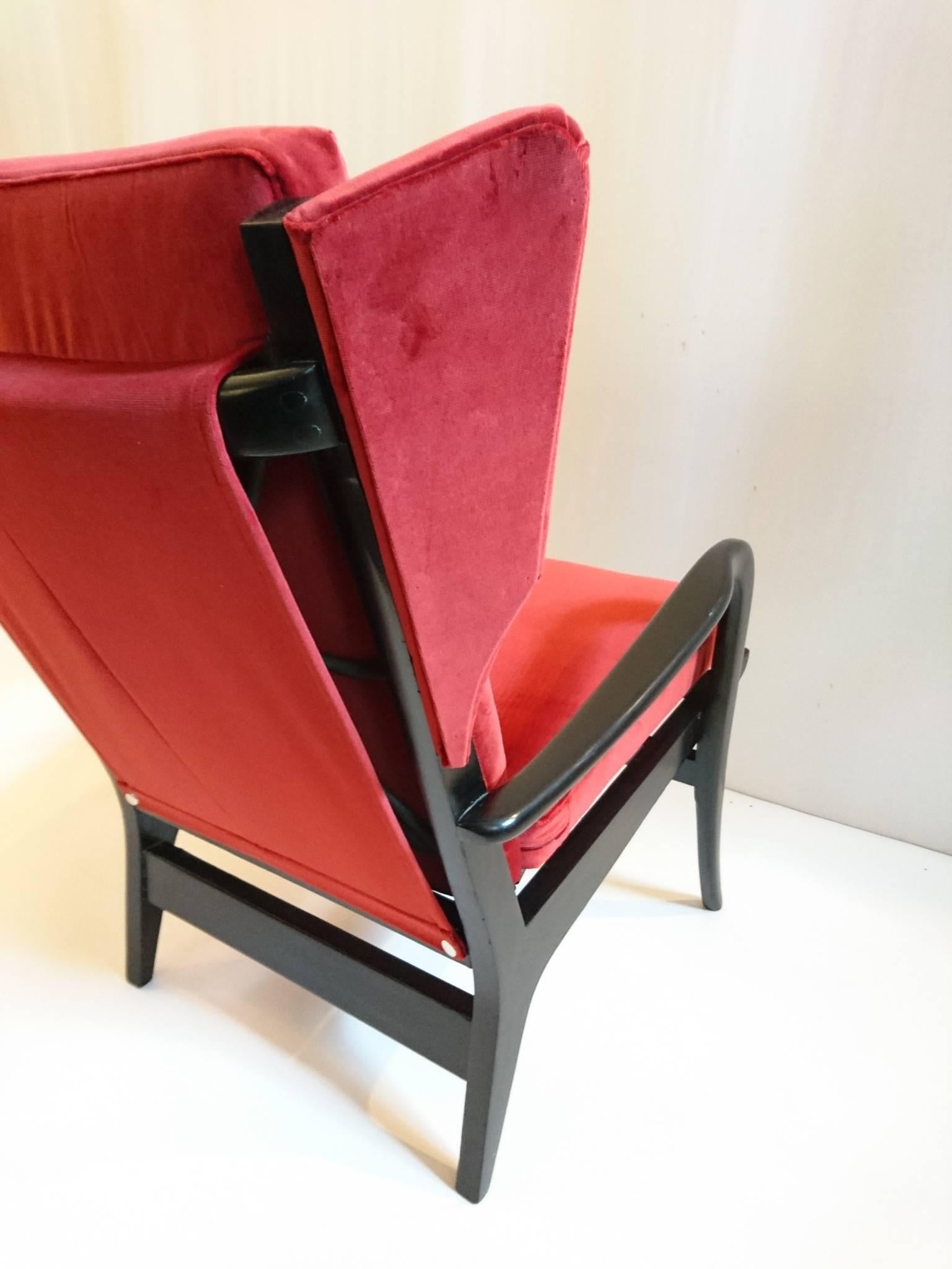 French Midcentury Wingback Armchair in Red Velvet and Blackened Wood