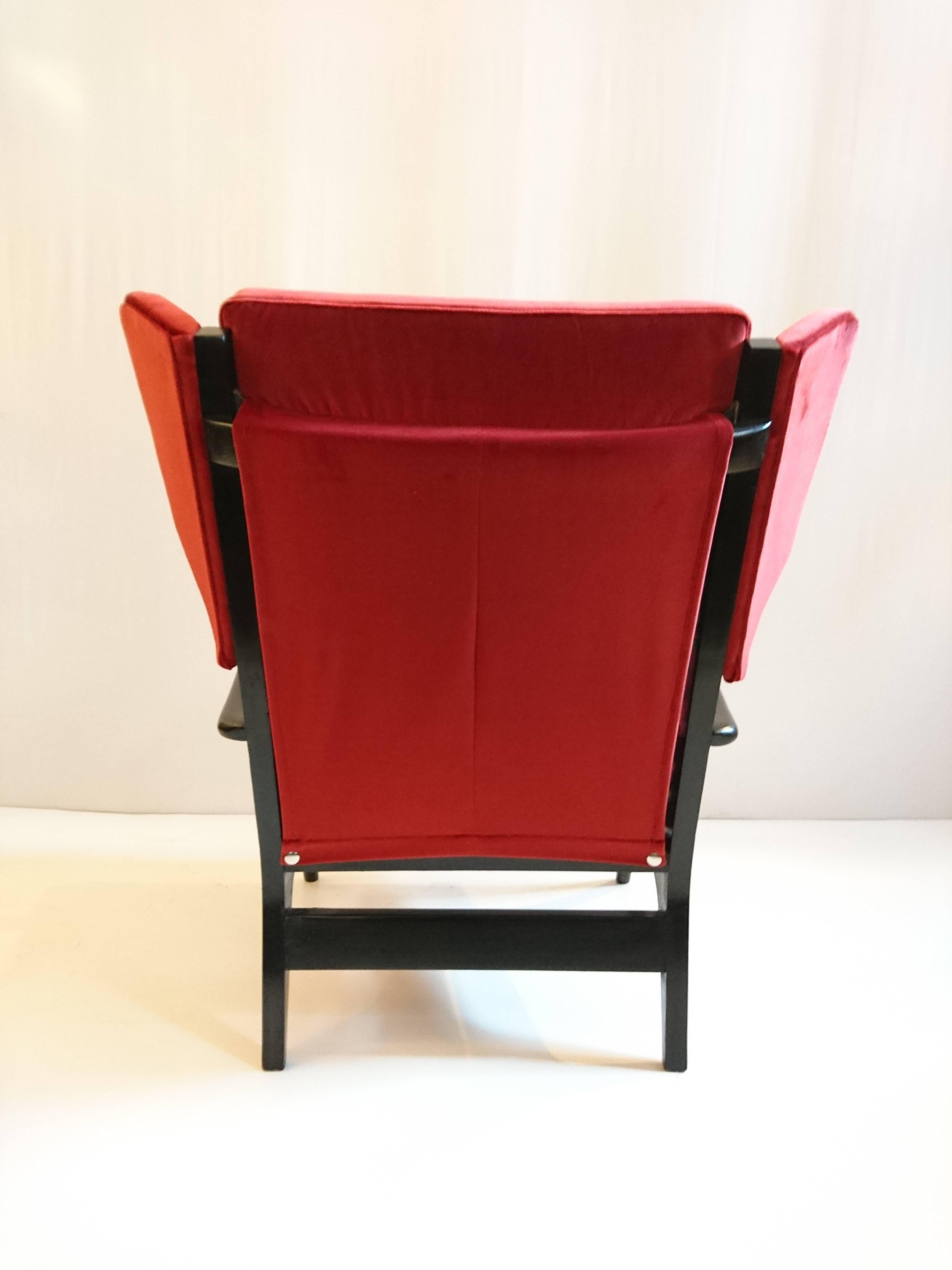 Midcentury Wingback Armchair in Red Velvet and Blackened Wood 3
