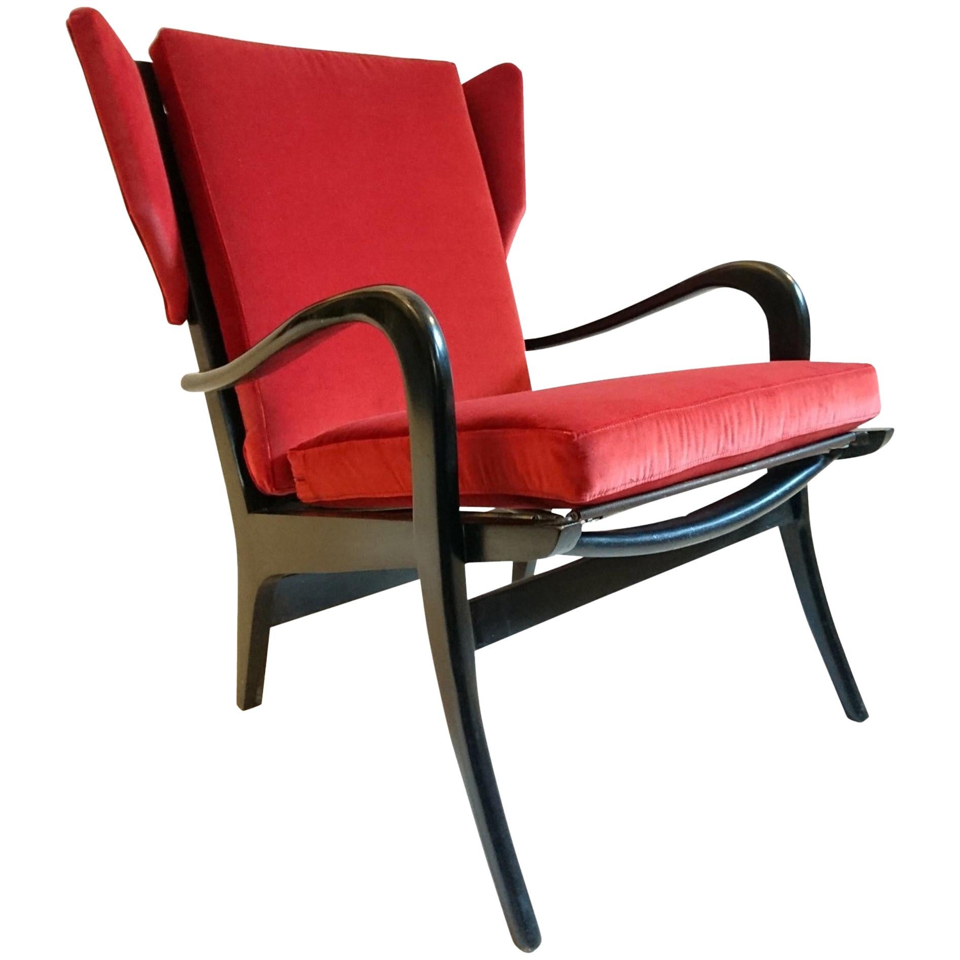 Midcentury Wingback Armchair in Red Velvet and Blackened Wood