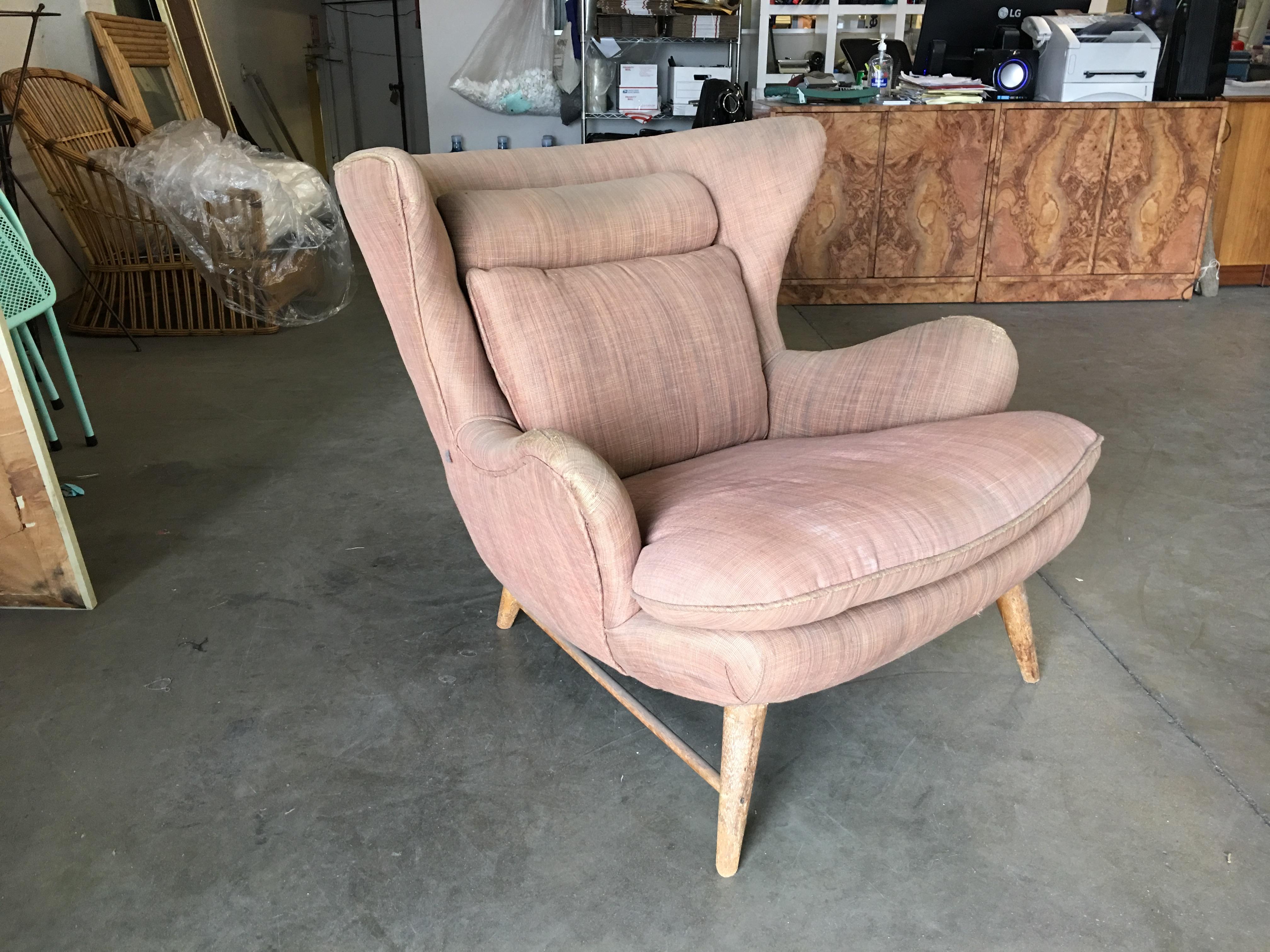 American Midcentury Wingback Lounge Chair with Ottoman