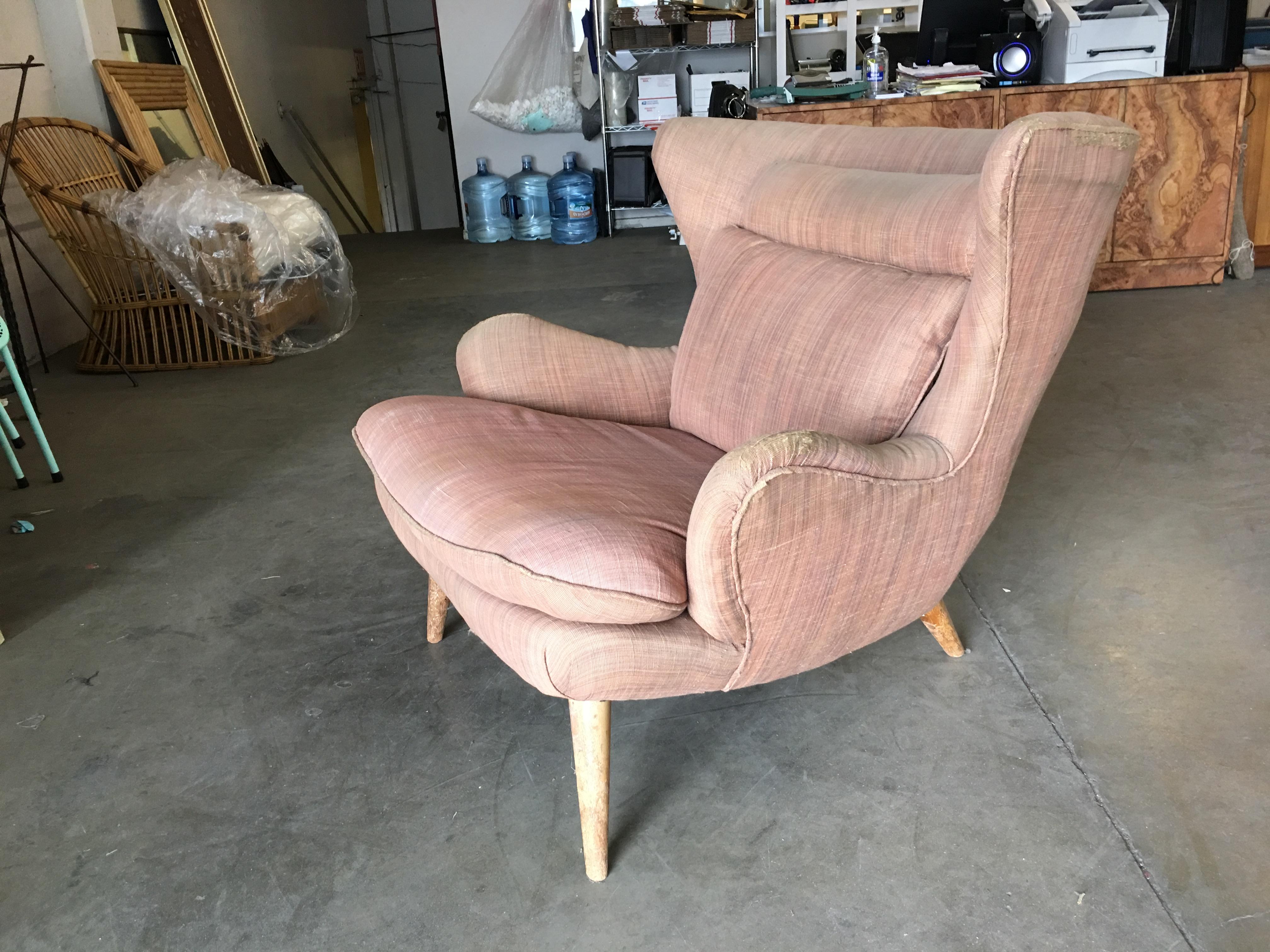 Mid-20th Century Midcentury Wingback Lounge Chair with Ottoman