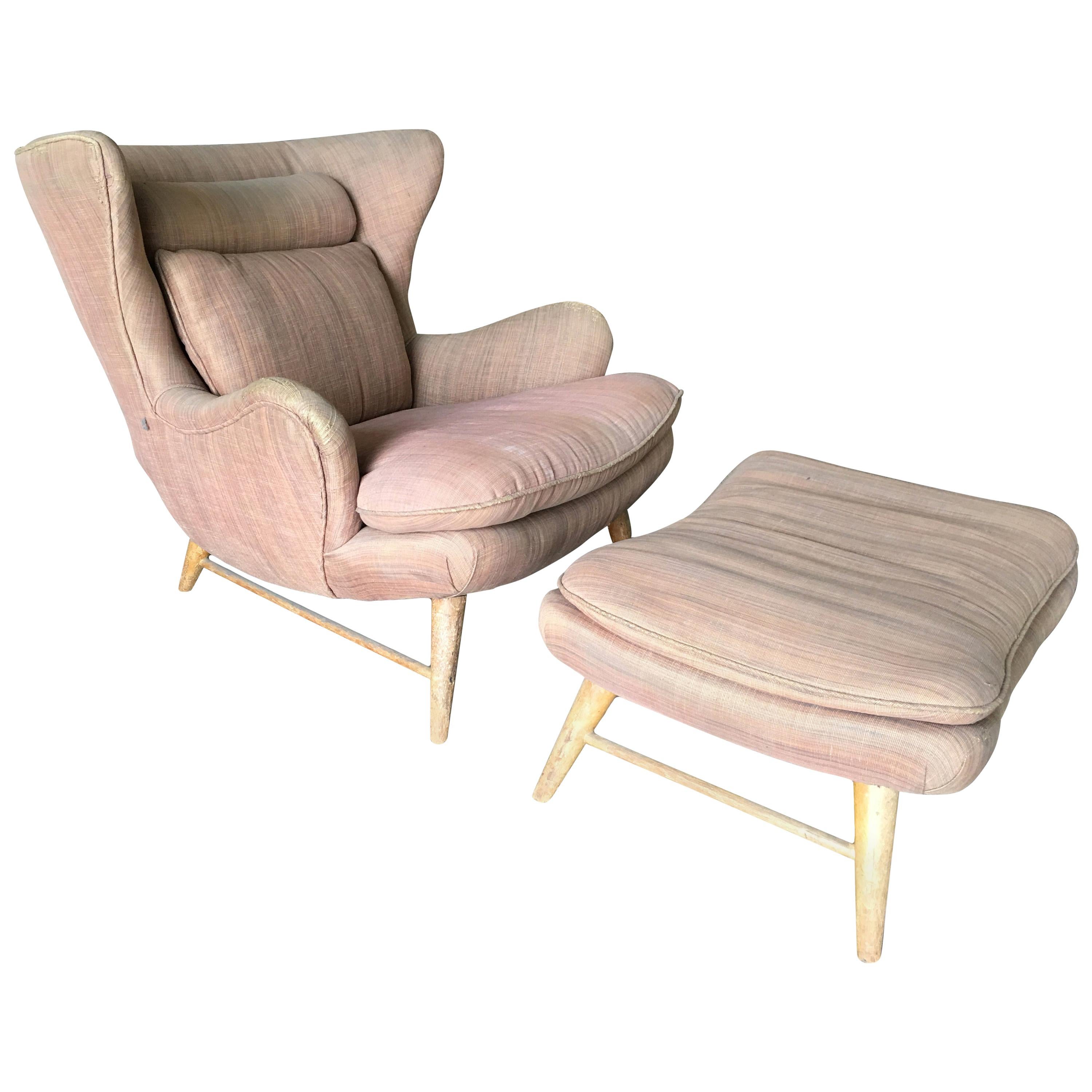 Midcentury Wingback Lounge Chair with Ottoman