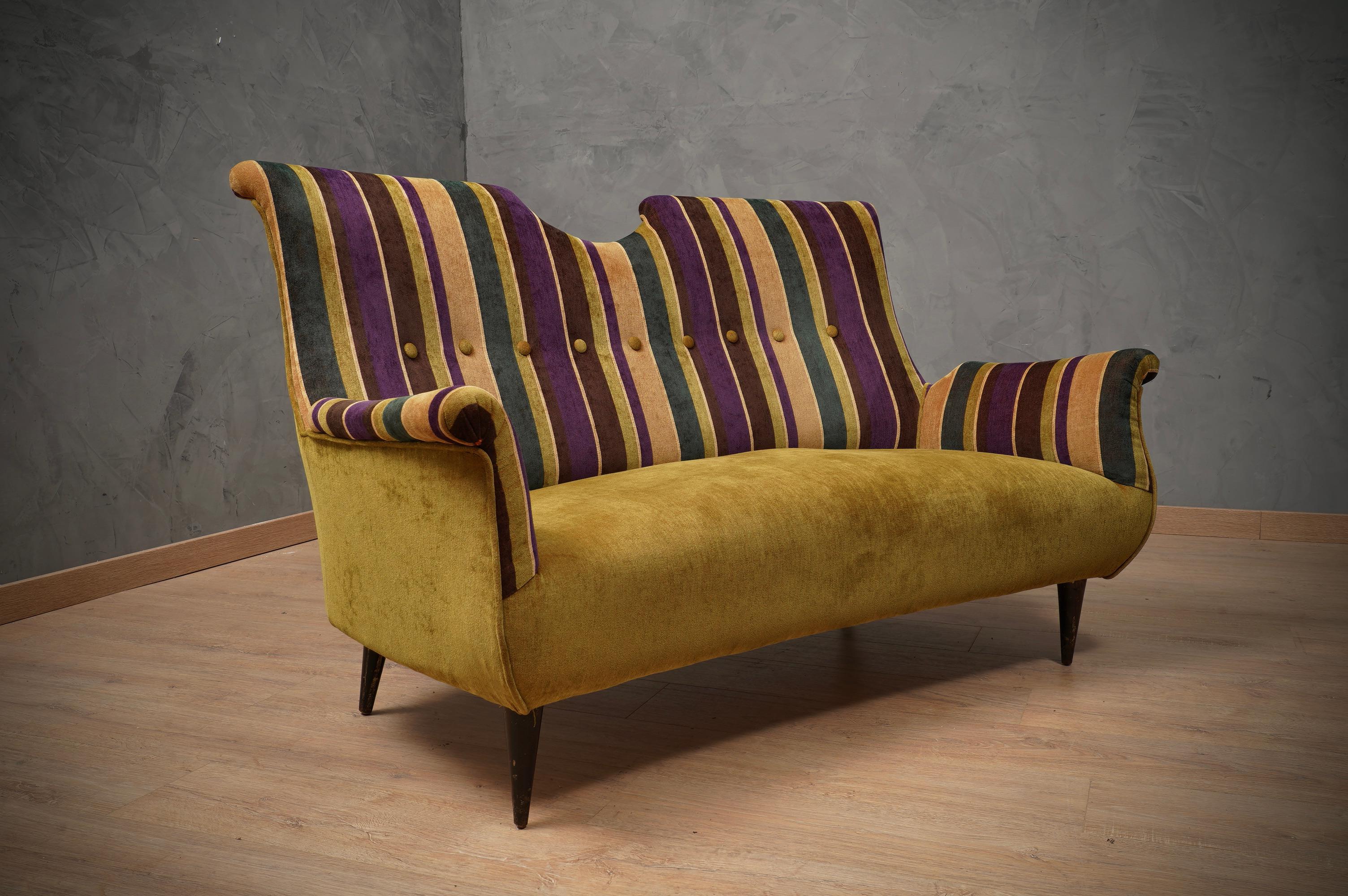 Midcentury with Velvet Bicolored Italian Sofa, 1950 For Sale 4