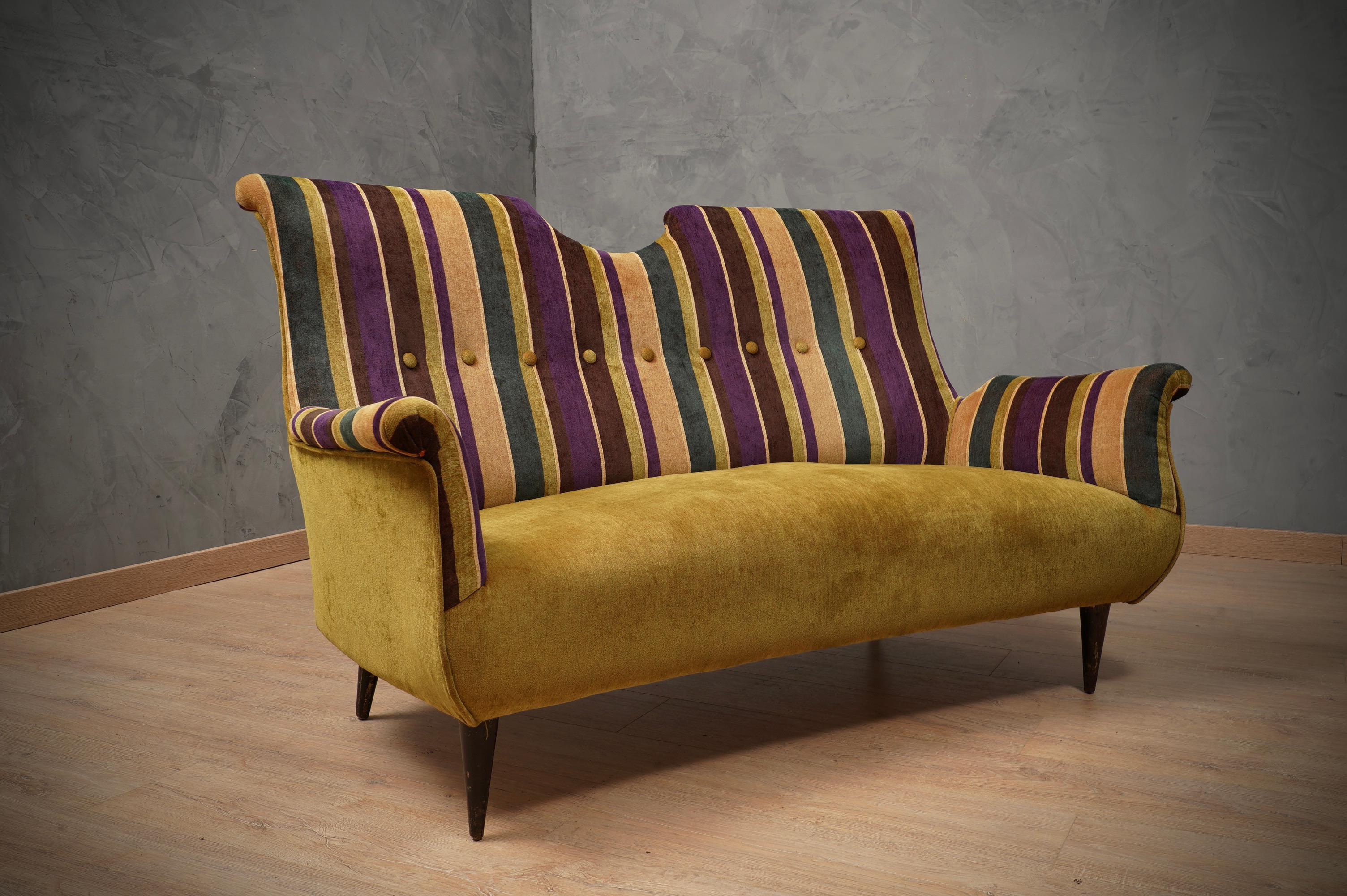 Midcentury with Velvet Bicolored Italian Sofa, 1950 For Sale 2