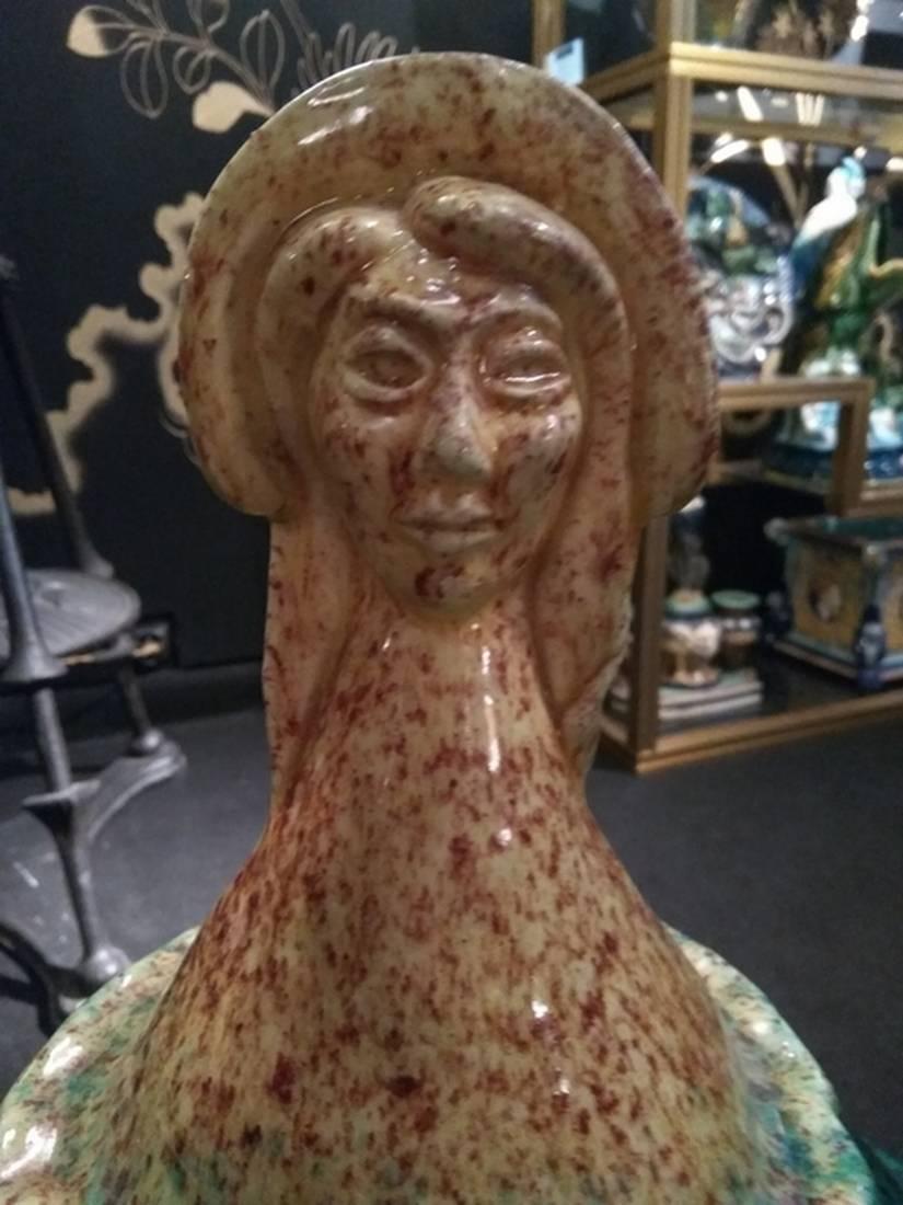 Midcentury Woman's Head Luminaire, Attributed to Accolay Pottery In Excellent Condition For Sale In Paris, FR