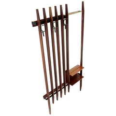 Midcentury Wood and Black Metal Italian Wall Coat Rack with Mirror, 1960s