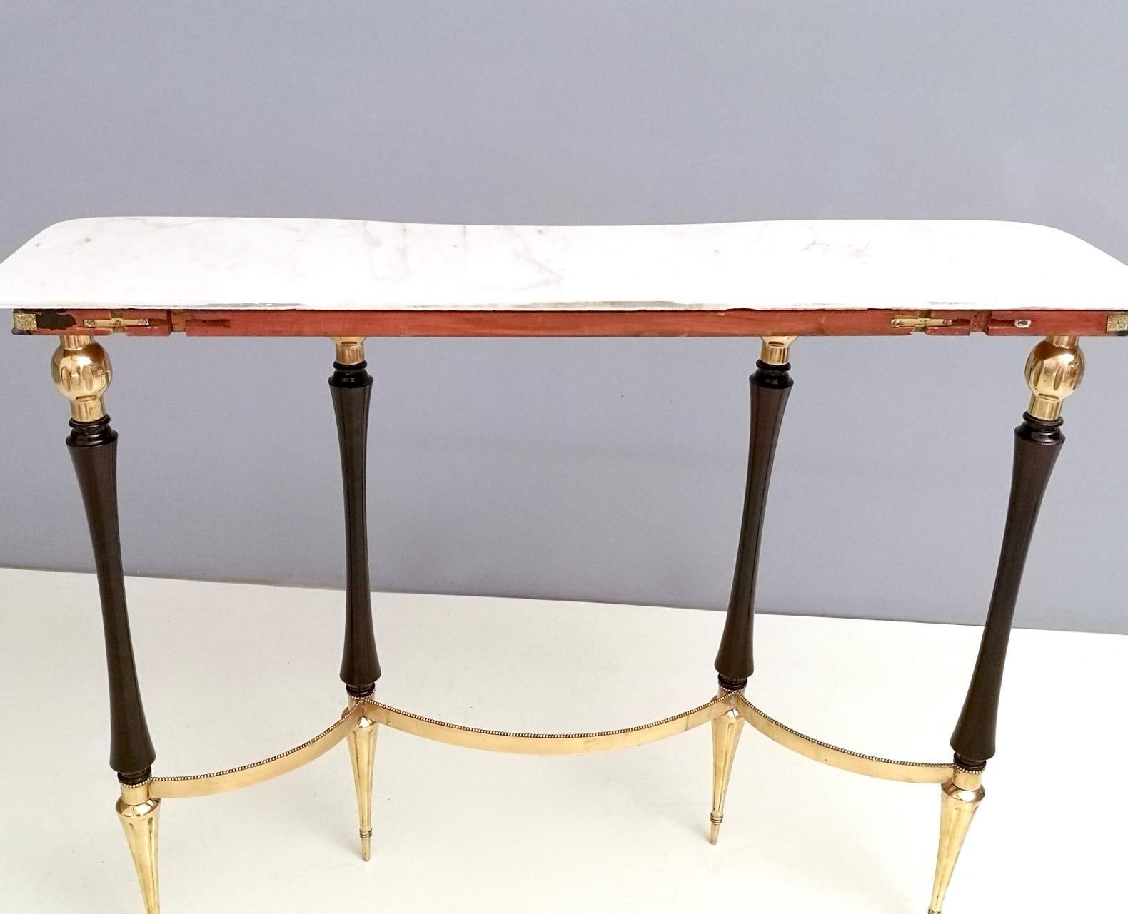 Mid-Century Modern Midcentury Wood and Brass Console Table with Carrara Marble Top, Italy, 1950s