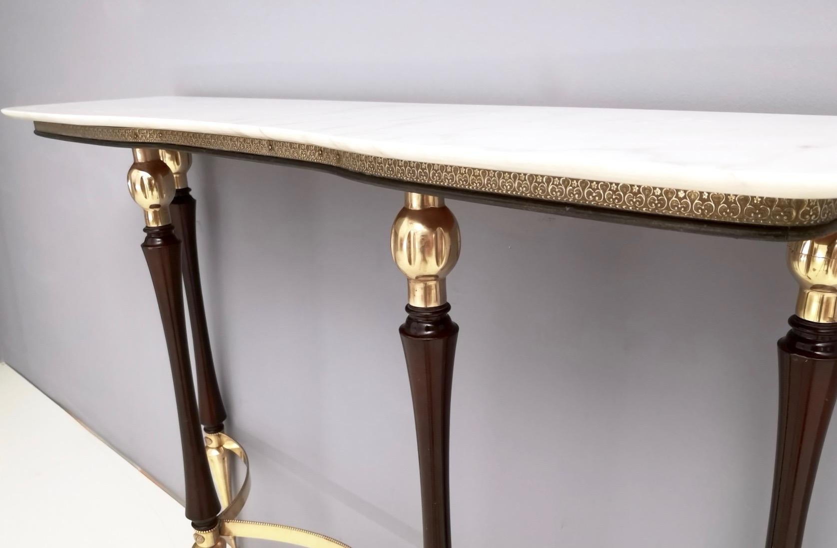 Mid-20th Century Midcentury Wood and Brass Console Table with Carrara Marble Top, Italy, 1950s