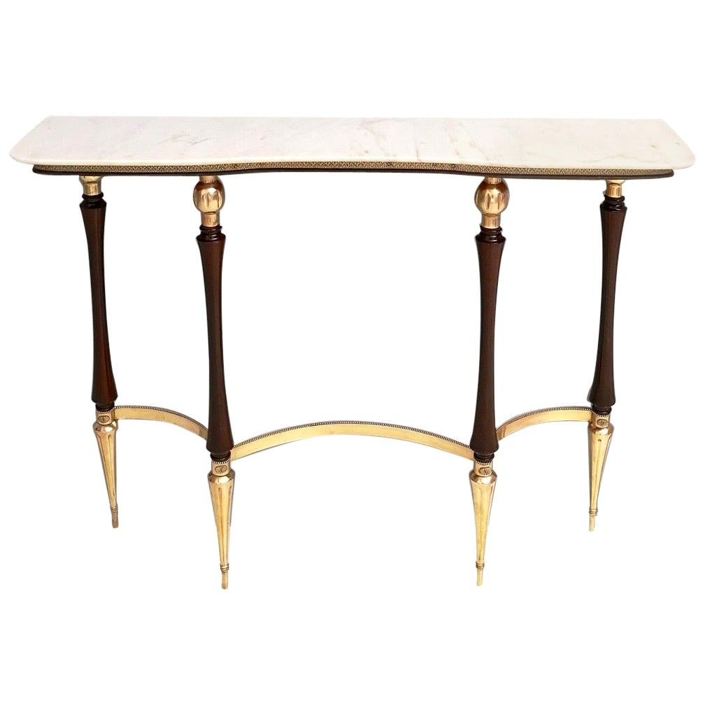 Midcentury Wood and Brass Console Table with Carrara Marble Top, Italy, 1950s