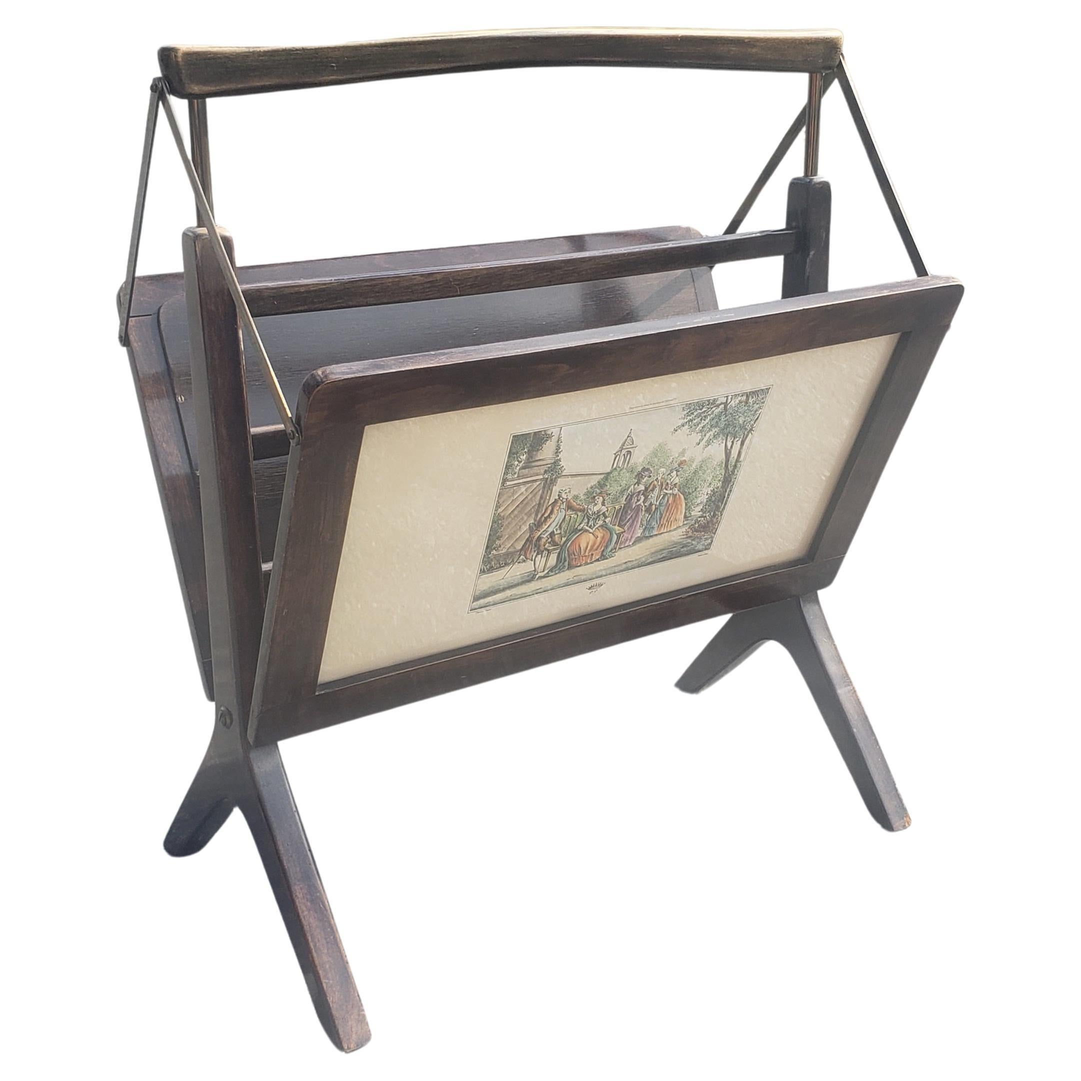 Midcentury Wood and Brass Italian Magazine Rack in Ico Parisi Style, 1950s For Sale