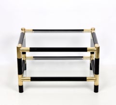 Midcentury Wood and Brass Italian Side Table with Two Crystal Shelves, 1970s