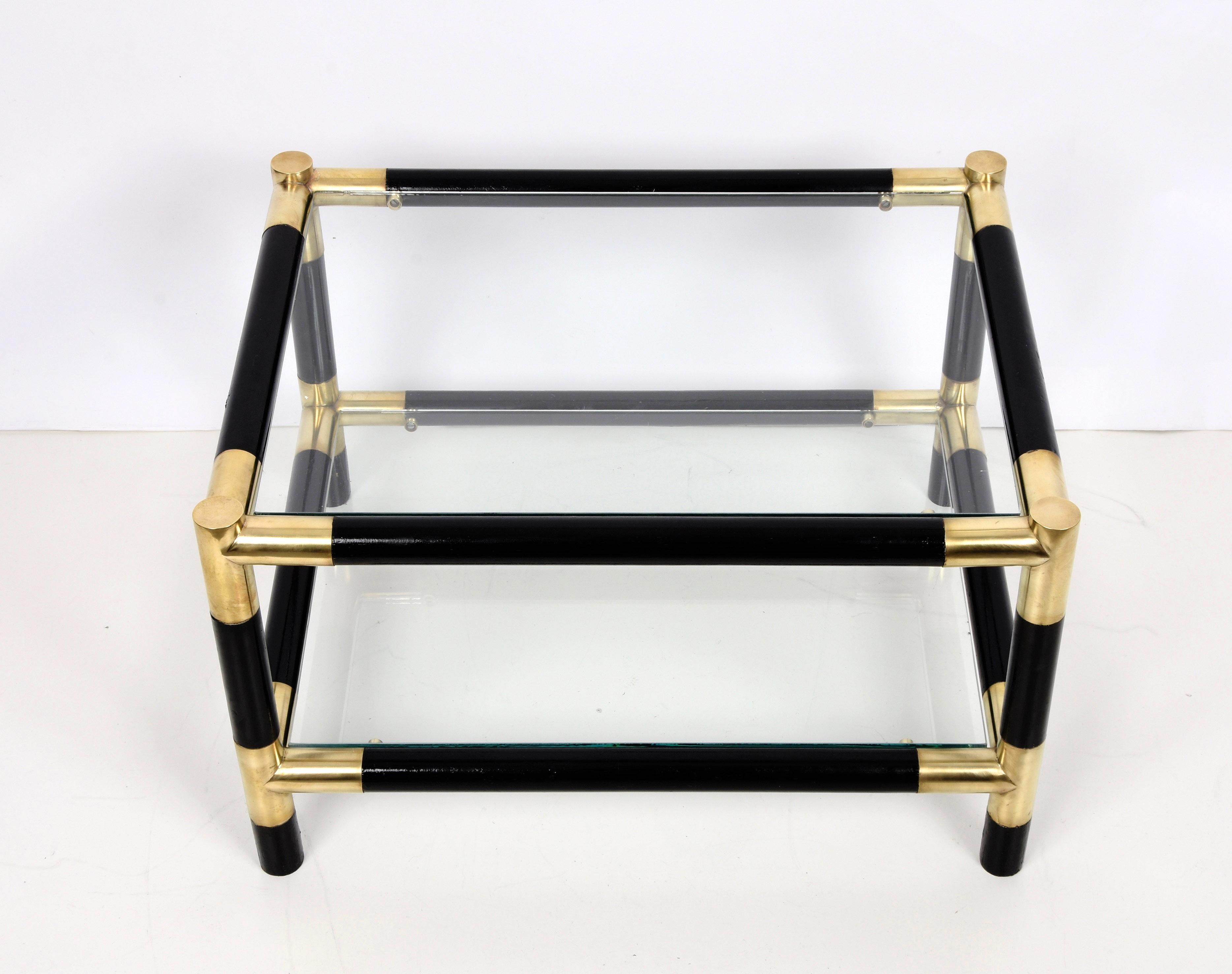 Mid-Century Modern Midcentury Wood and Brass Italian Side Table with Two Crystal Shelves, 1970s For Sale