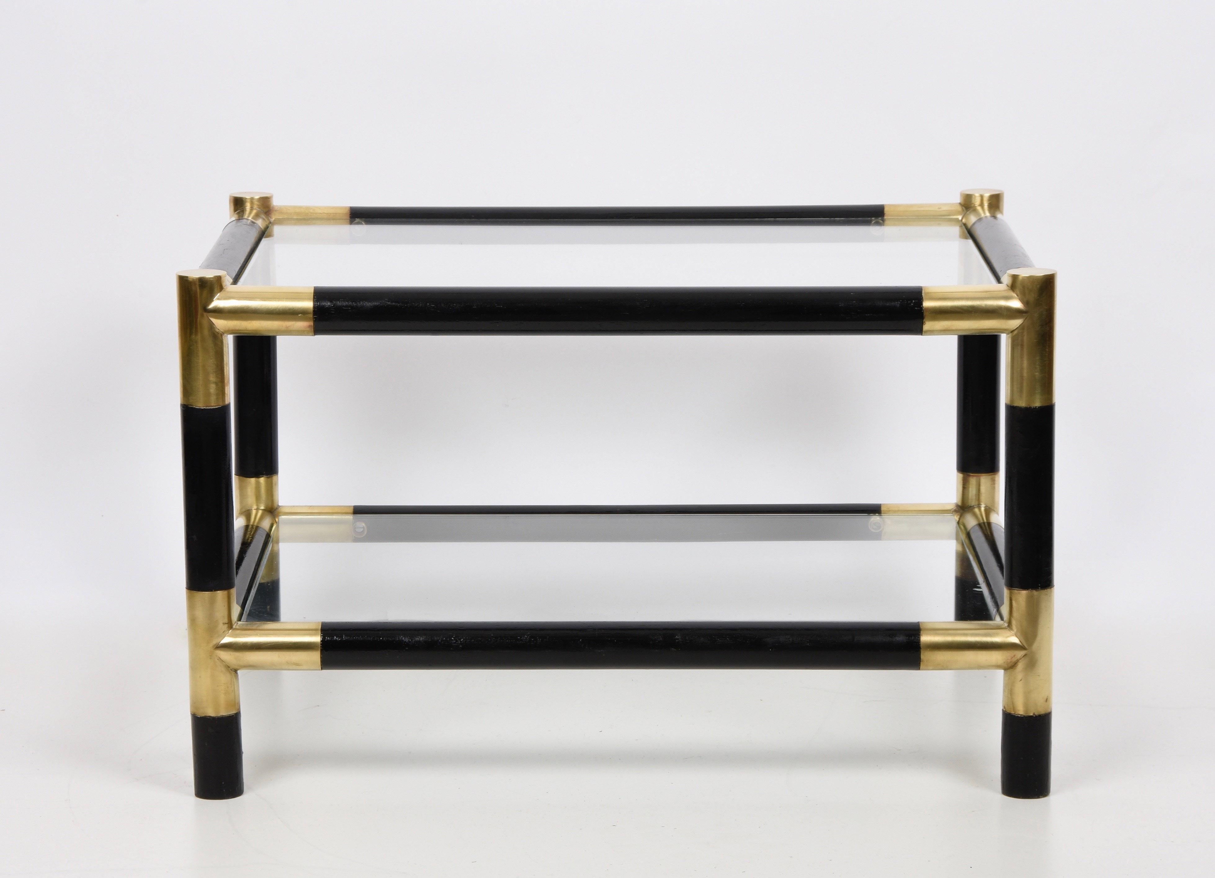 Lacquered Midcentury Wood and Brass Italian Side Table with Two Crystal Shelves, 1970s For Sale