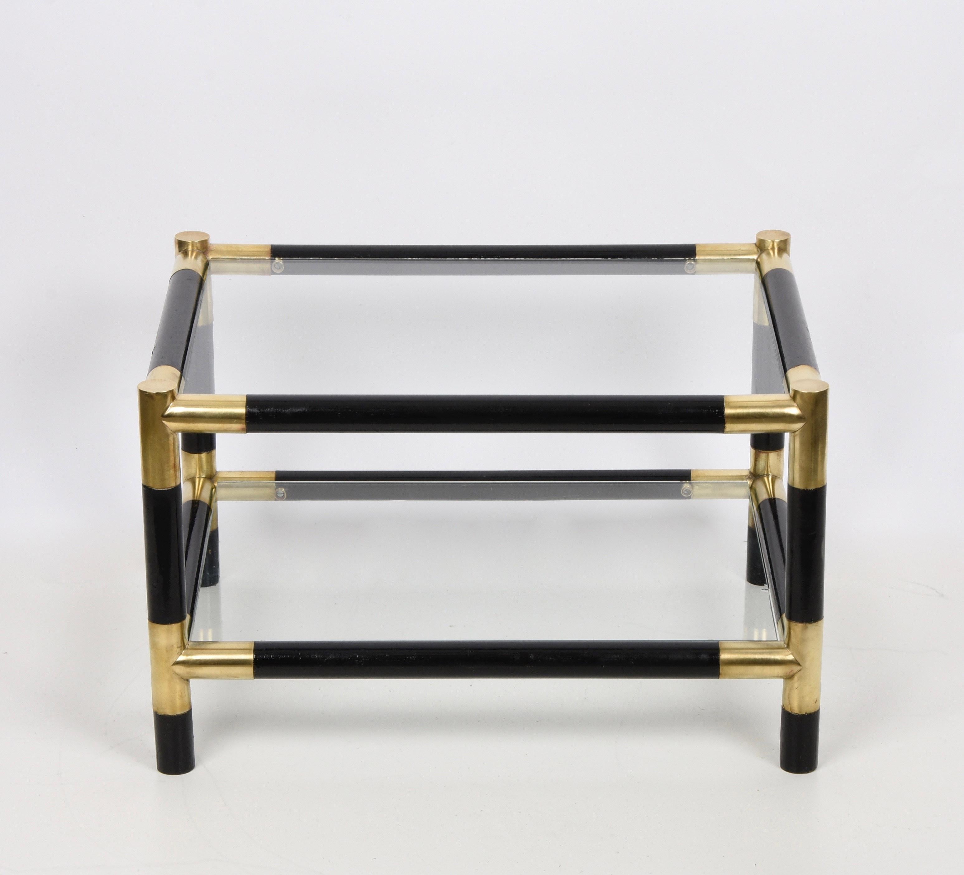 Late 20th Century Midcentury Wood and Brass Italian Side Table with Two Crystal Shelves, 1970s For Sale