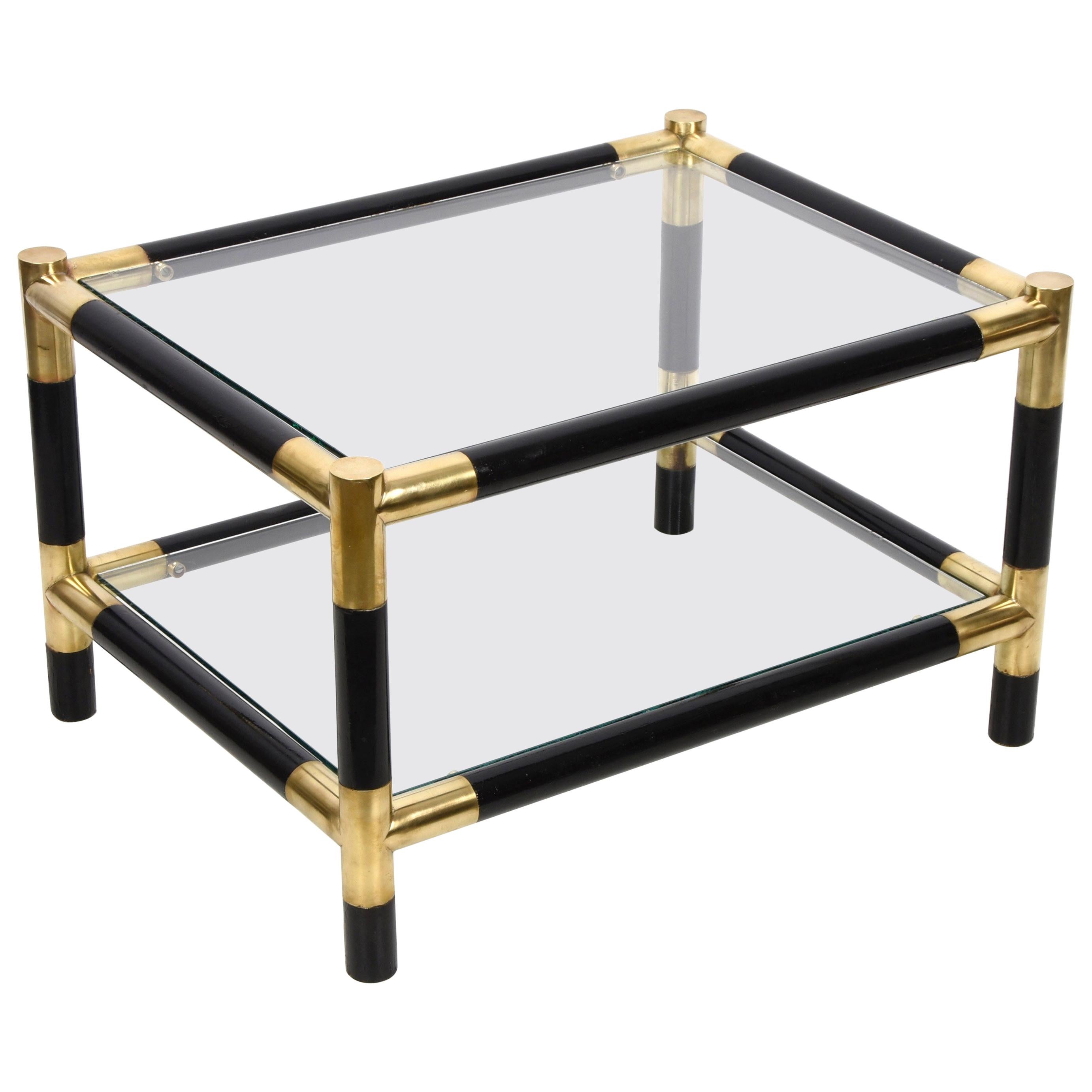 Midcentury Wood and Brass Italian Side Table with Two Crystal Shelves, 1970s