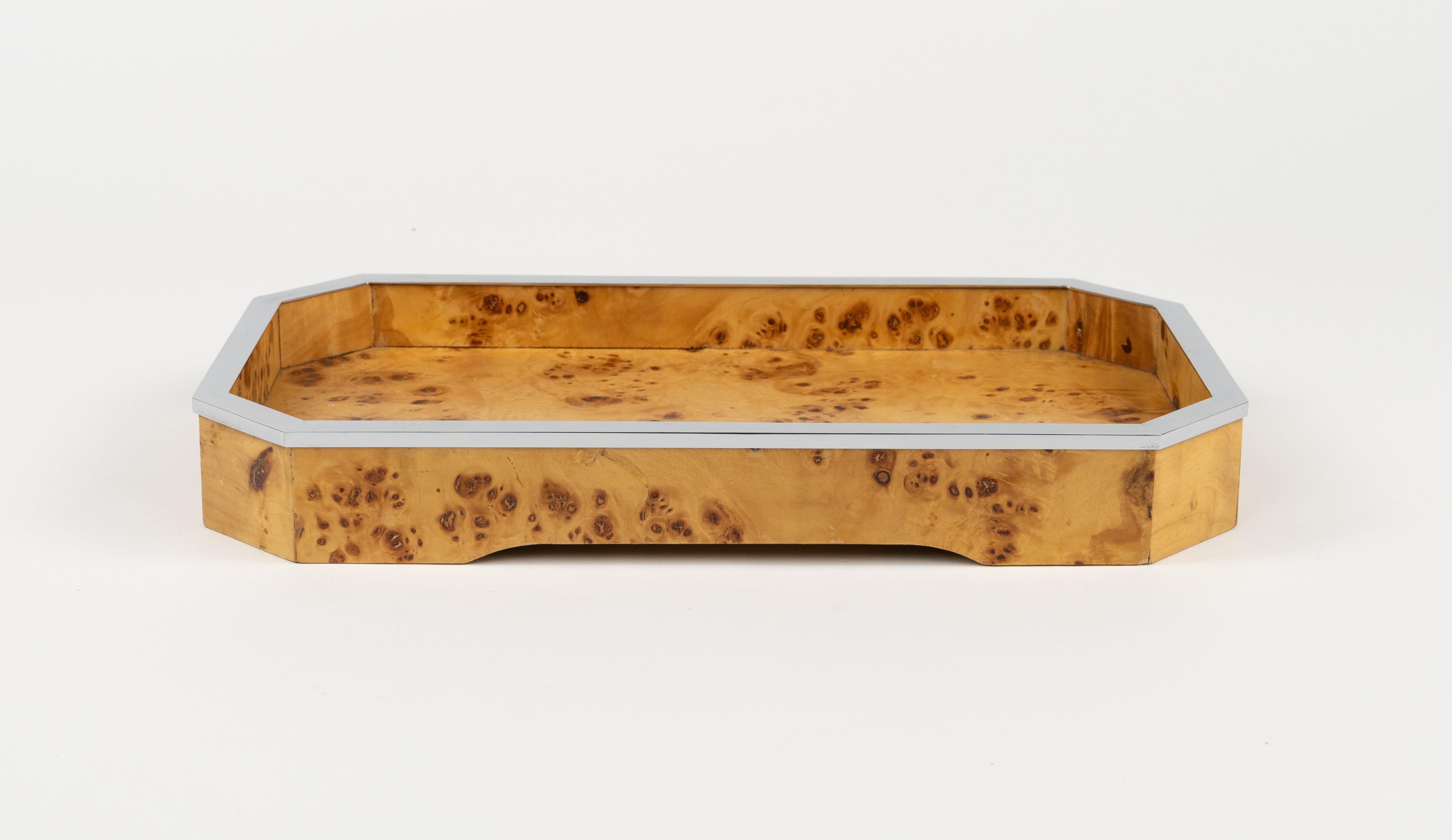 Midcentury Wood and Chrome Serving Tray by Tommaso Barbi, Italy 1970s In Good Condition In Rome, IT