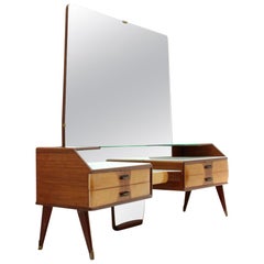 Midcentury wood and glass italian vanity desk with mirror, 1950s