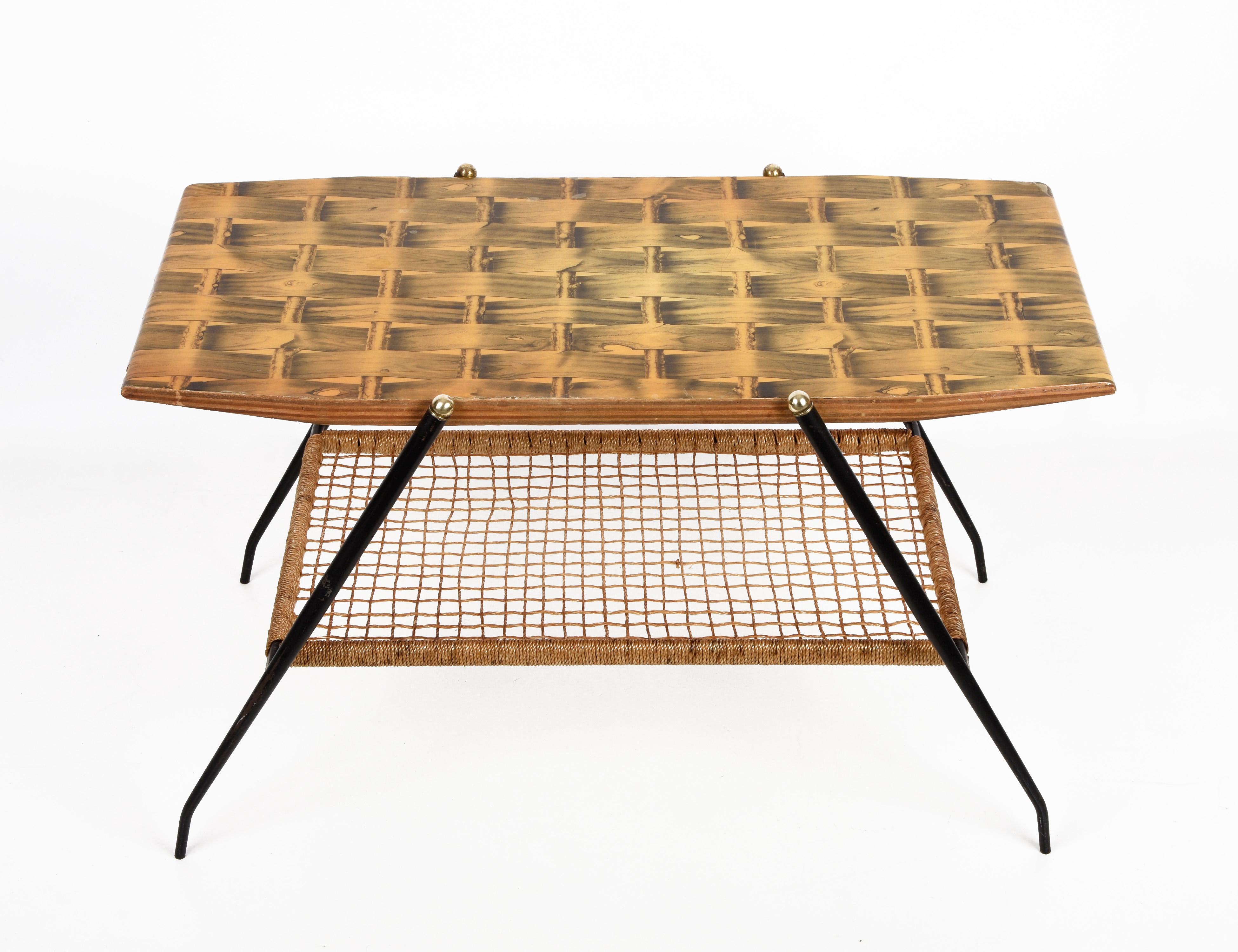 Mid-Century Modern Midcentury Wood and Metal Italian Coffee Table with Brass Magazine Rack, 1950s For Sale
