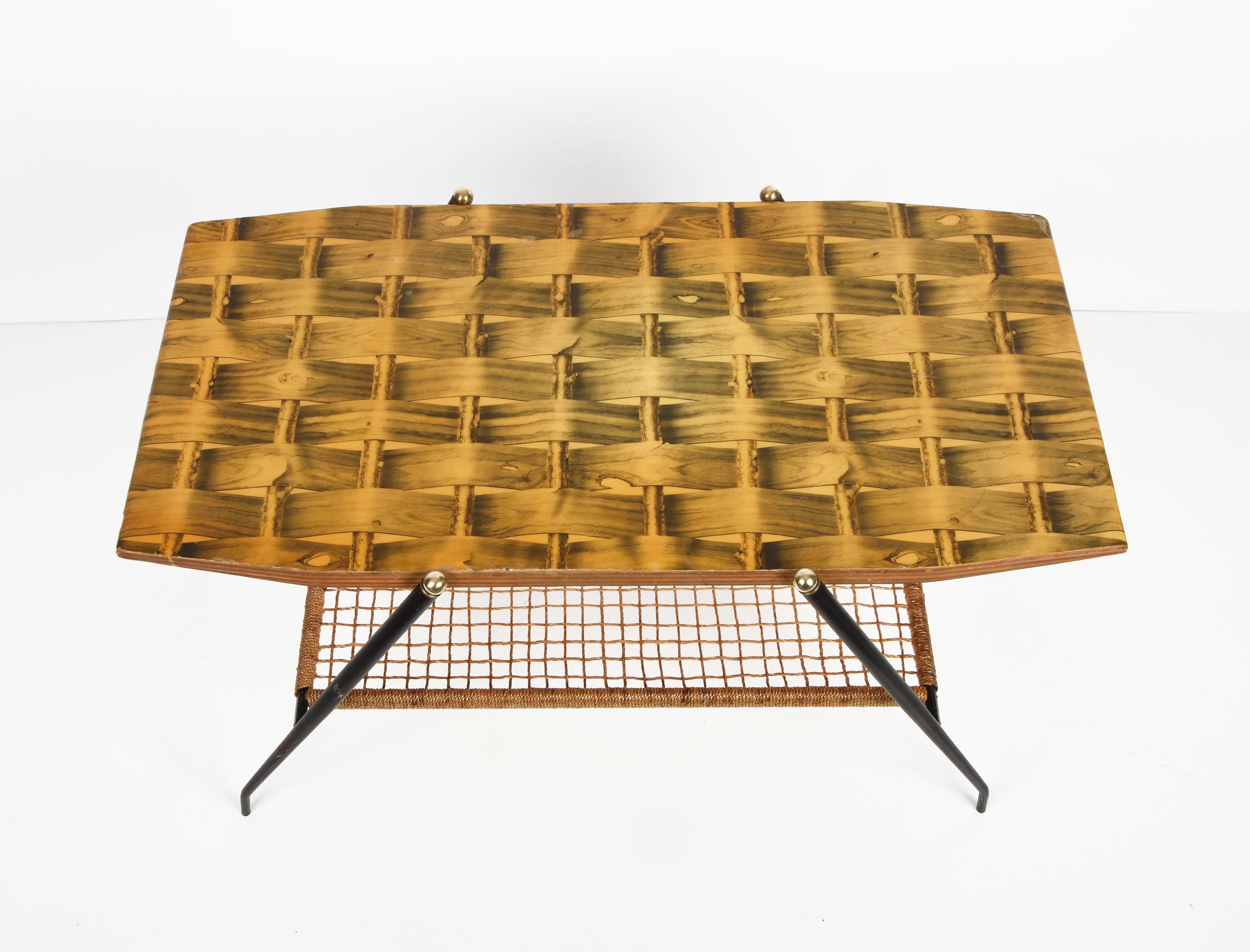 Mid-20th Century Midcentury Wood and Metal Italian Coffee Table with Brass Magazine Rack, 1950s For Sale